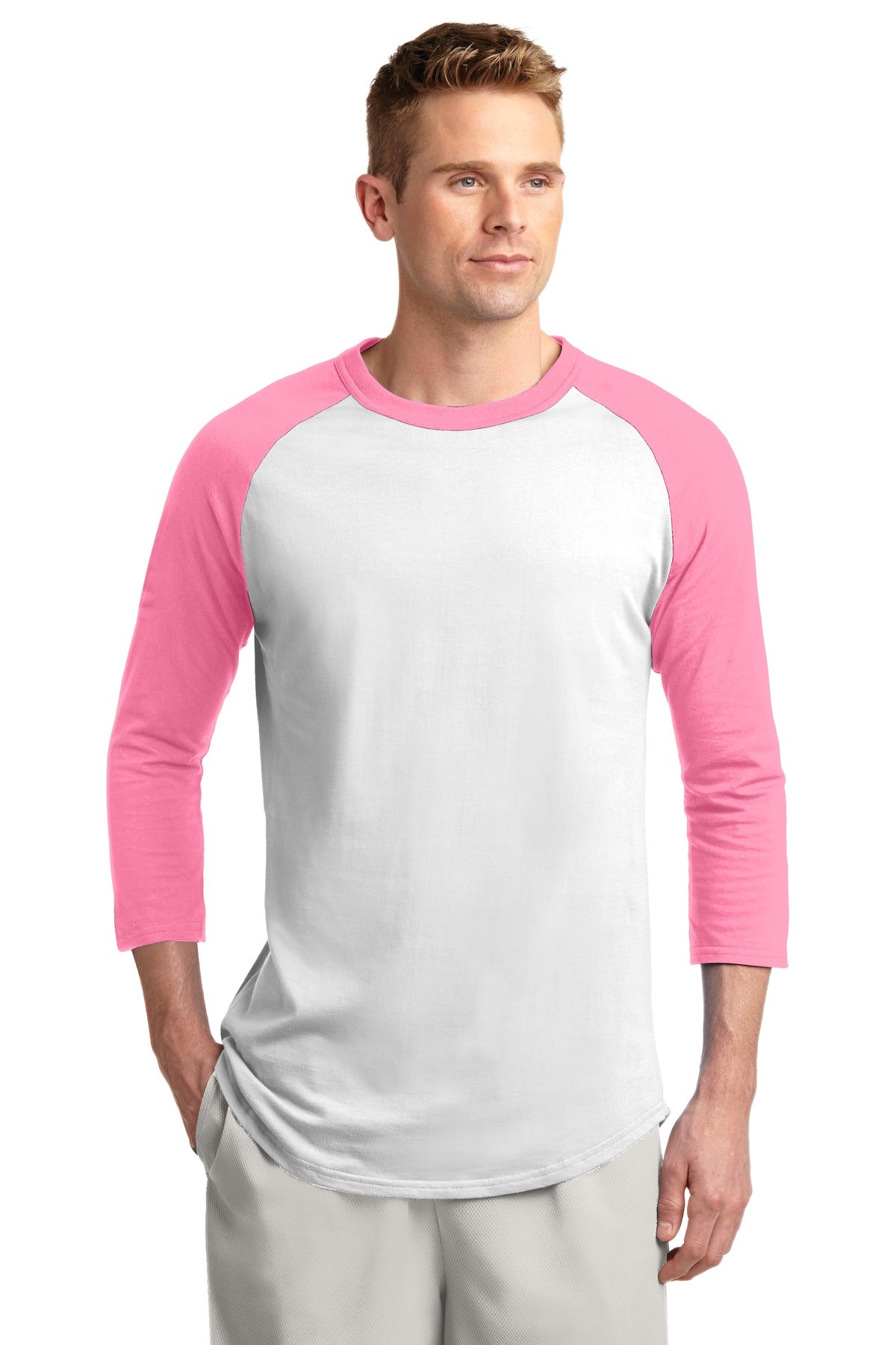 Front View of White/Brt Pink Sport-Tek Colorblock Raglan Jersey. T200