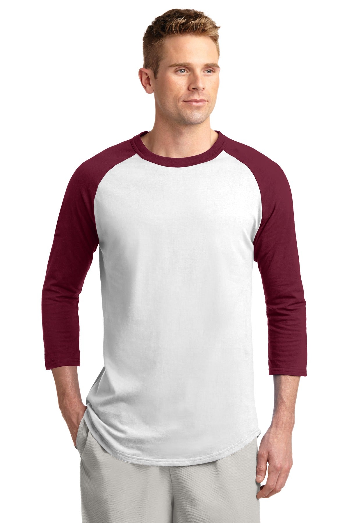 Front View of White/Cardinal Sport-Tek Colorblock Raglan Jersey. T200