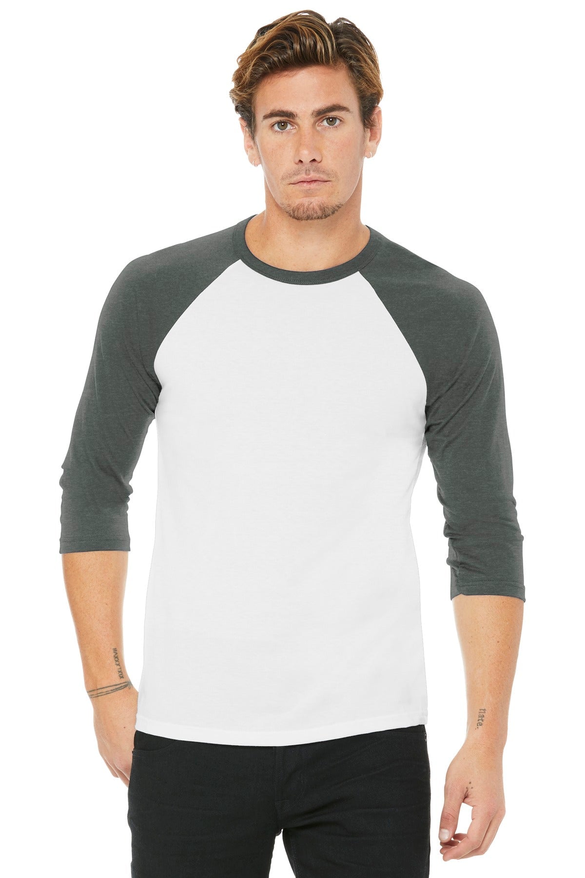 Front View of White/Deep Ht BELLA+CANVAS Unisex 3/4-Sleeve Baseball Tee. BC3200