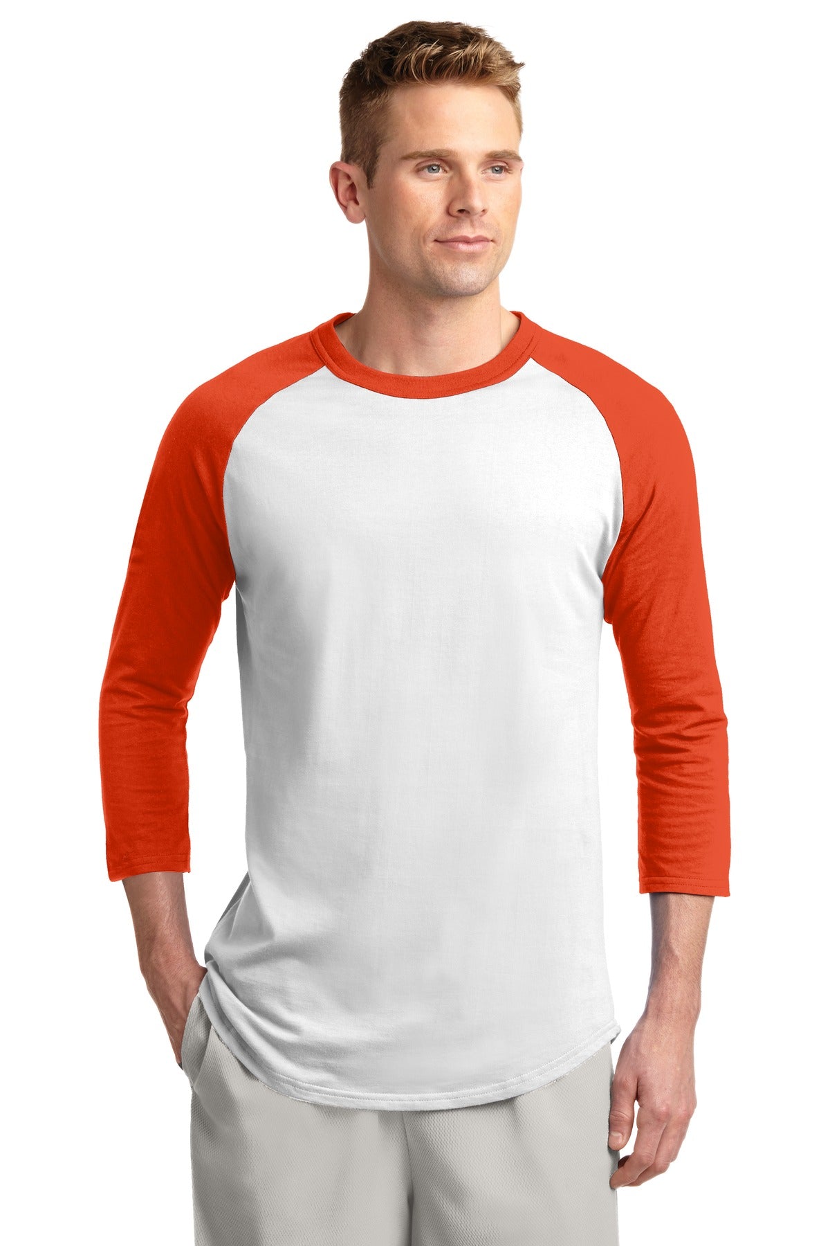 Front View of White/Deep Org Sport-Tek Colorblock Raglan Jersey. T200