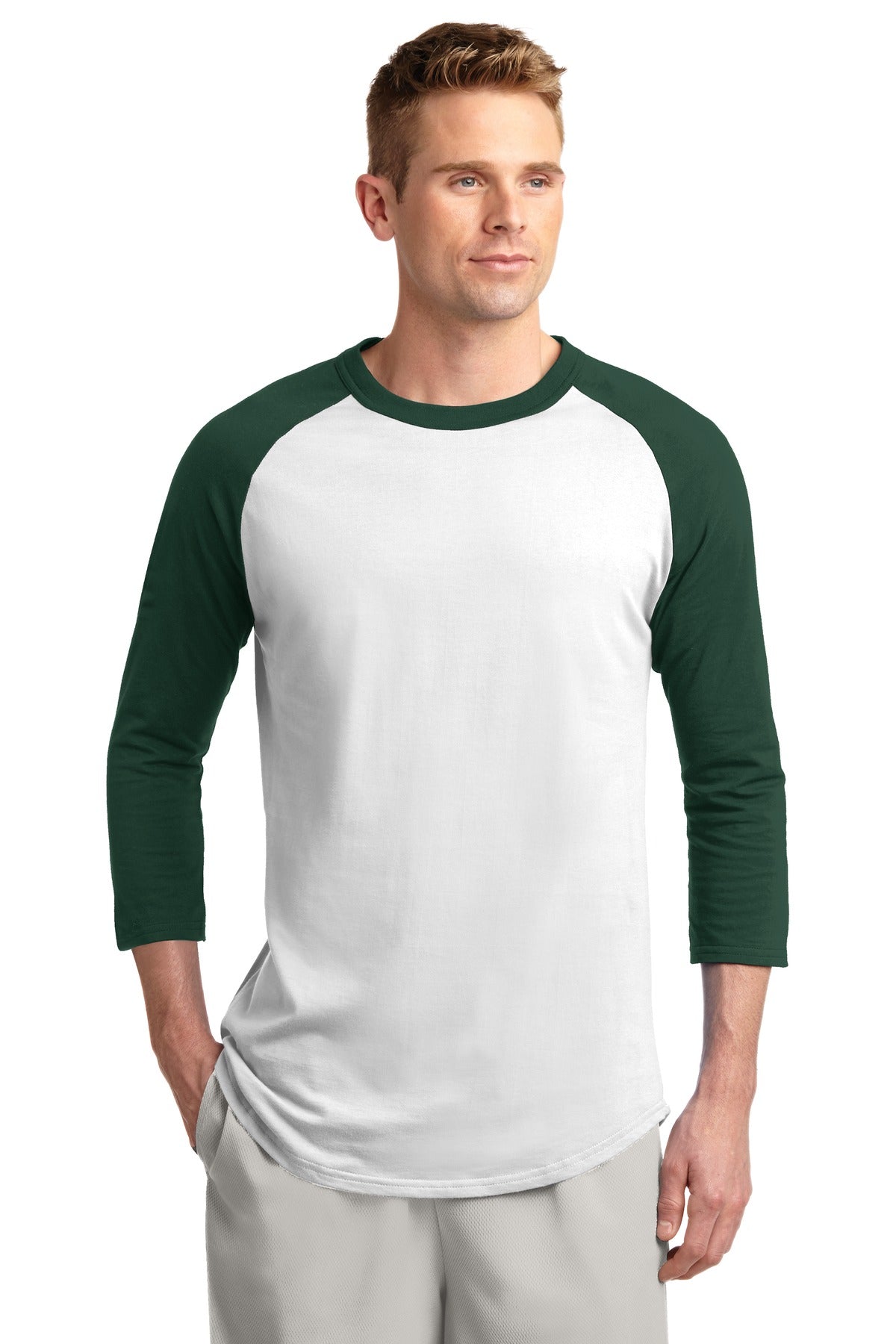 Front View of White/Forest Sport-Tek Colorblock Raglan Jersey. T200
