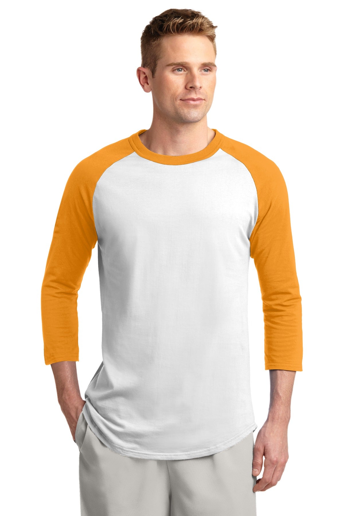 Front View of White/Gold Sport-Tek Colorblock Raglan Jersey. T200