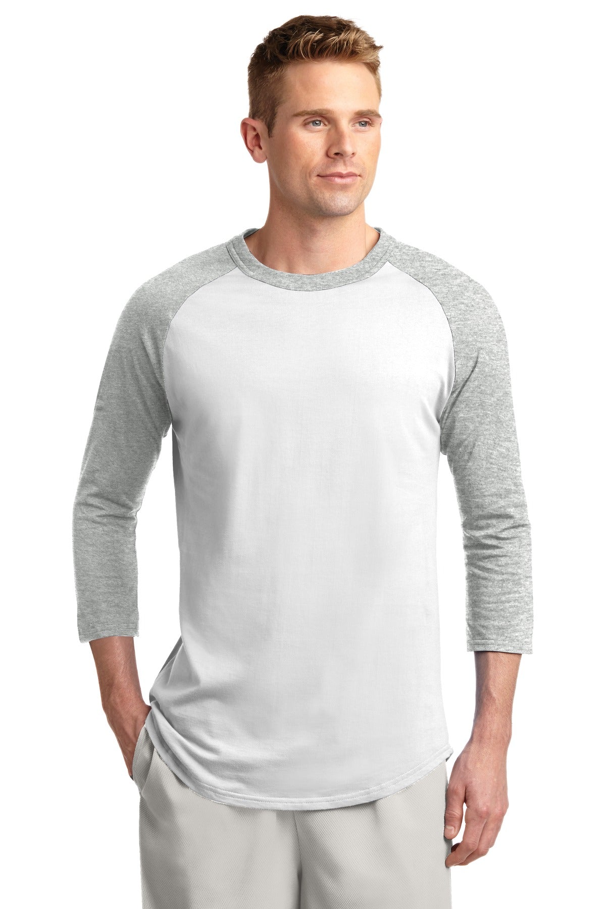 Front View of White/Grey Hth Sport-Tek Colorblock Raglan Jersey. T200
