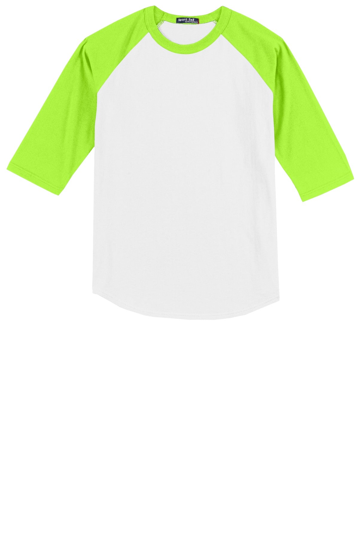 Front View of White/Lime Shk Sport-Tek Colorblock Raglan Jersey. T200