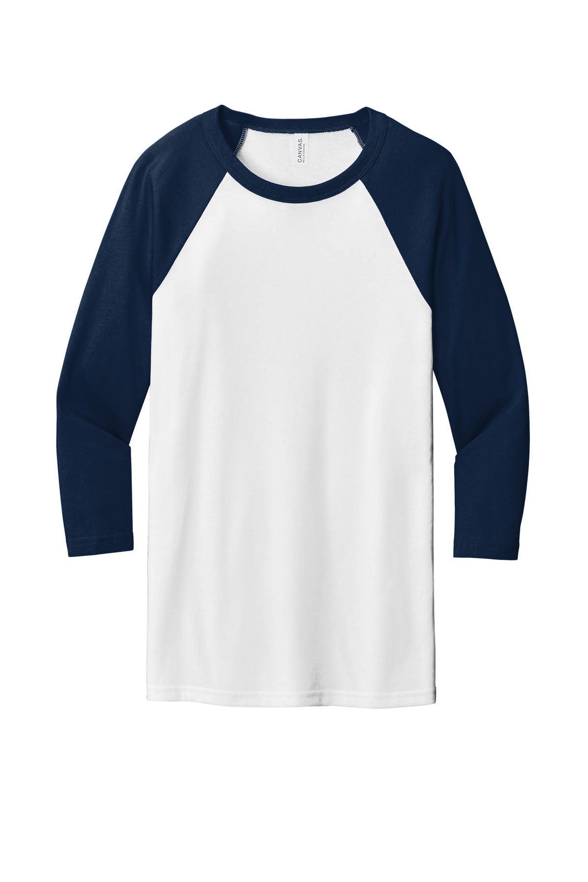Front View of White/Navy BELLA+CANVAS Unisex 3/4-Sleeve Baseball Tee. BC3200