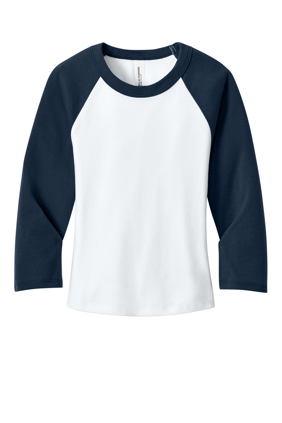 Front View of White/Navy BELLA+CANVAS Women's Micro Rib 3/4 Raglan Baby Tee BC1200