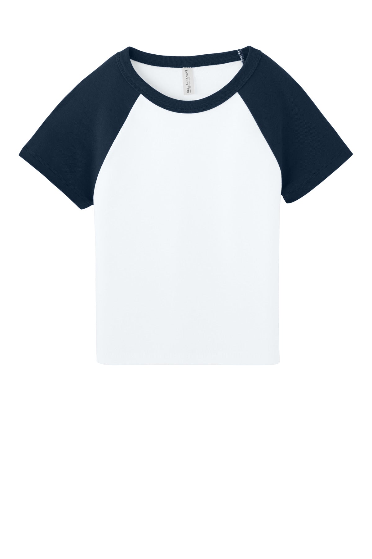 Front View of White/Navy BELLA+CANVAS Women's Micro Rib Raglan Baby Tee BC1201