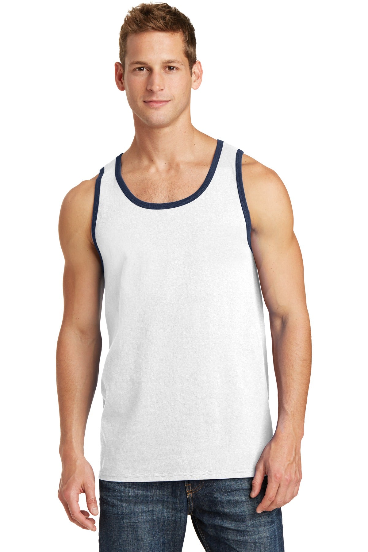 Front View of White/Navy Port & Co Core Cotton Tank Top. PC54TT