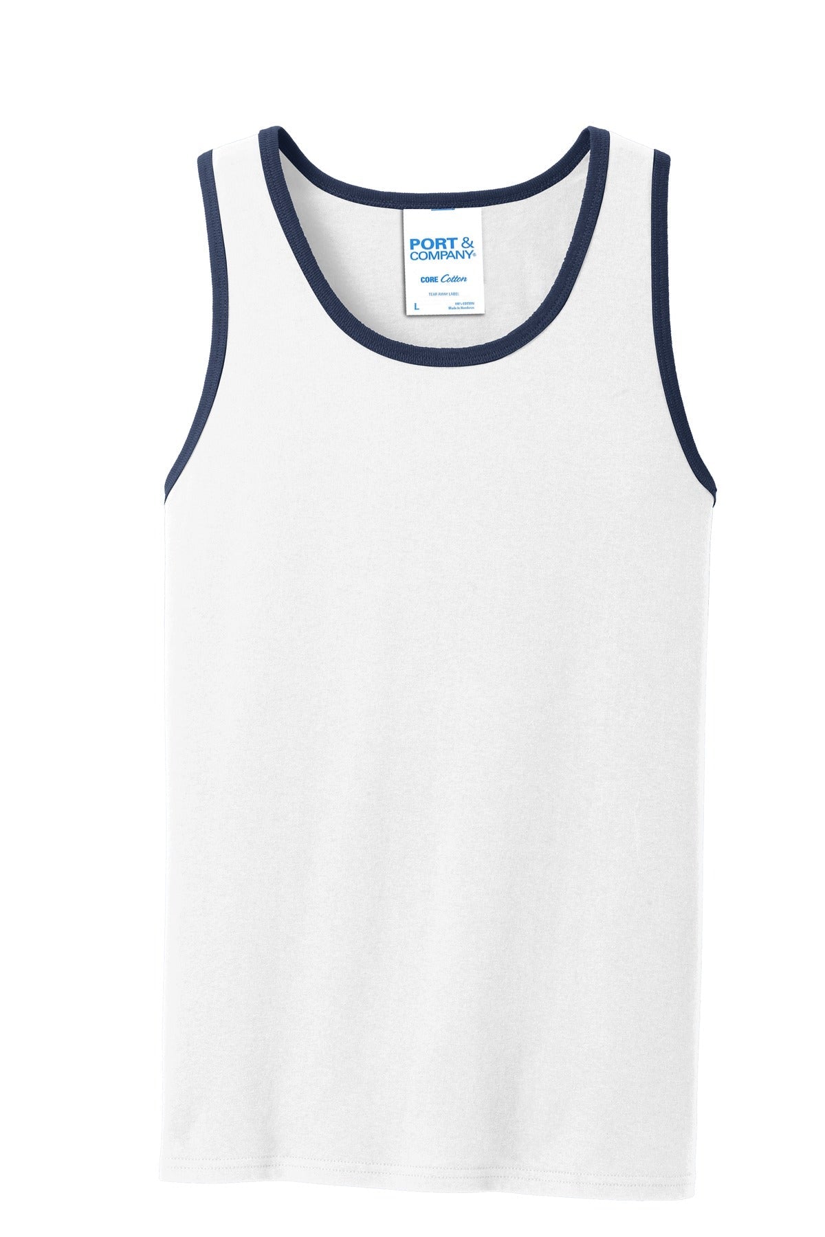 Front View of White/Navy Port & Co Core Cotton Tank Top. PC54TT