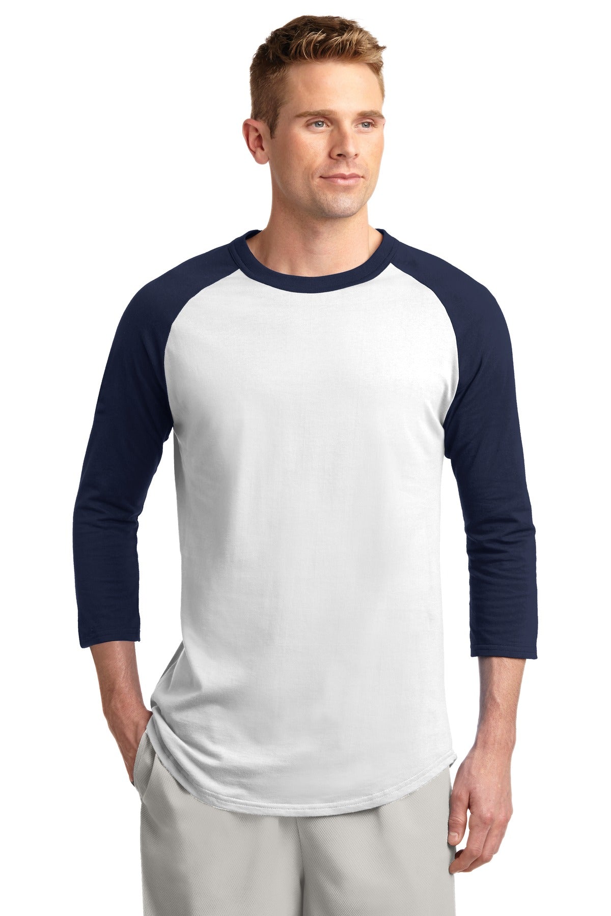 Front View of White/Navy Sport-Tek Colorblock Raglan Jersey. T200
