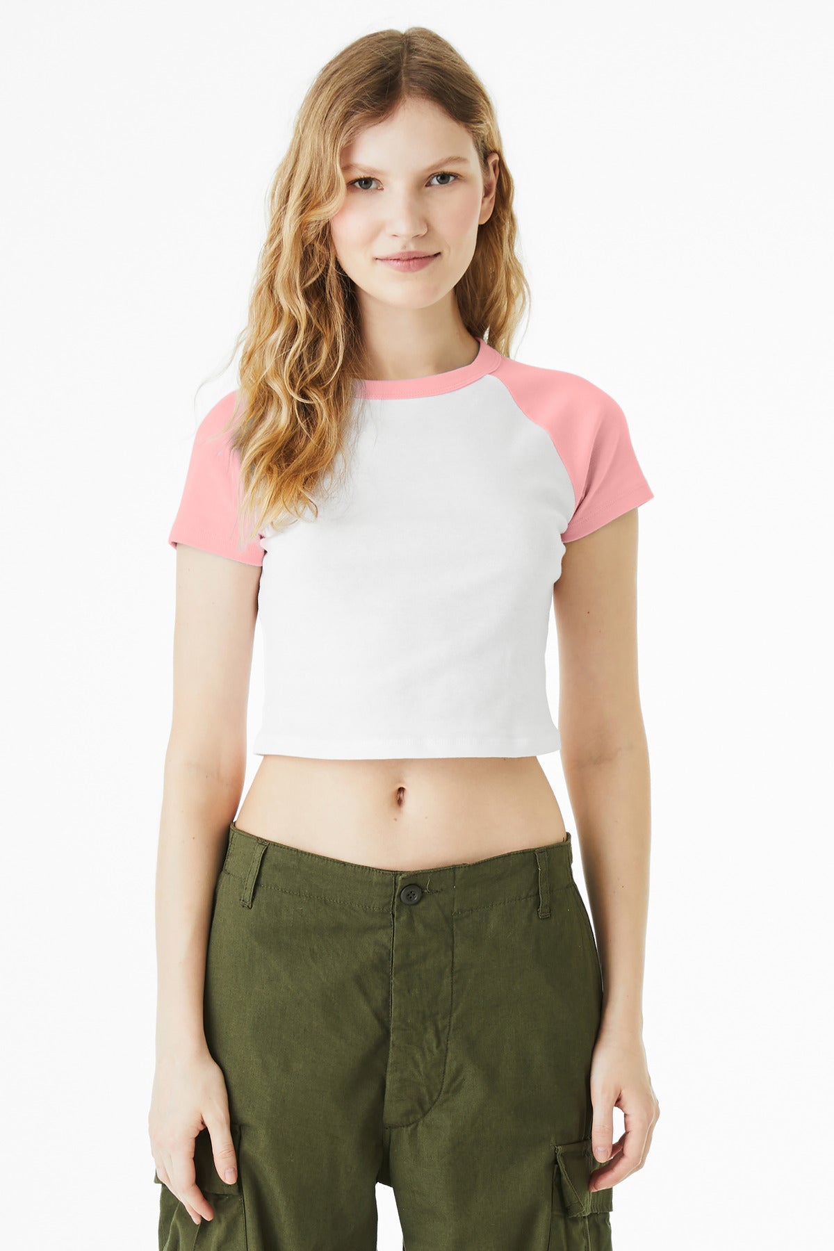 Front View of White/Pink BELLA+CANVAS Women's Micro Rib Raglan Baby Tee BC1201