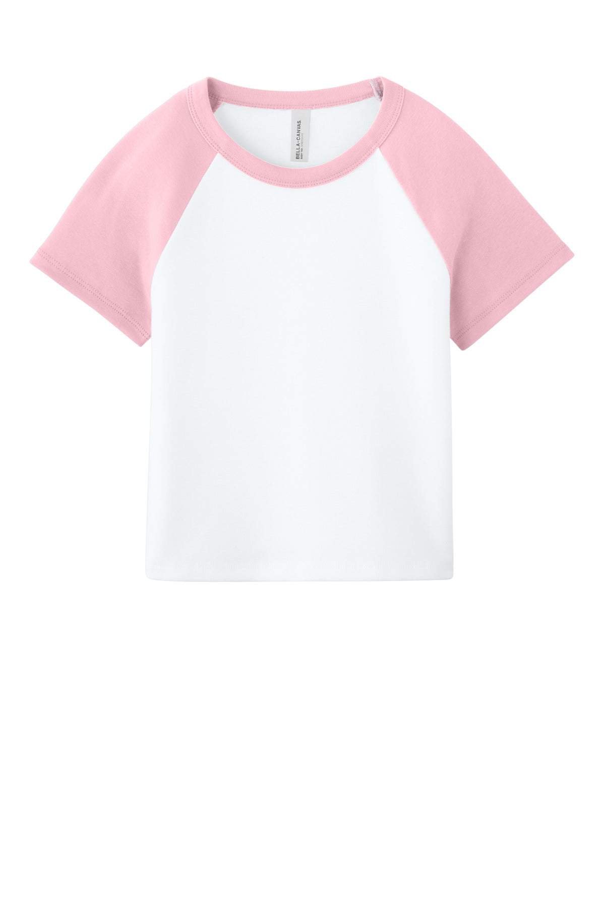 Front View of White/Pink BELLA+CANVAS Women's Micro Rib Raglan Baby Tee BC1201