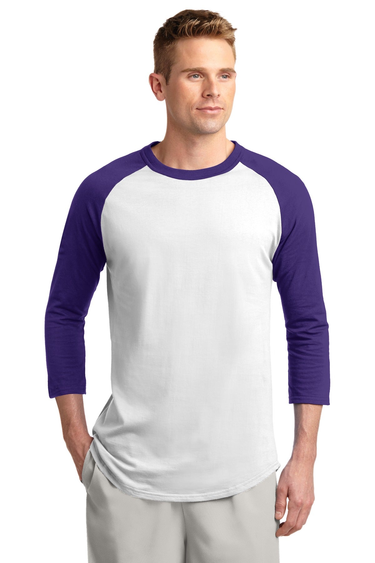 Front View of White/Purple Sport-Tek Colorblock Raglan Jersey. T200