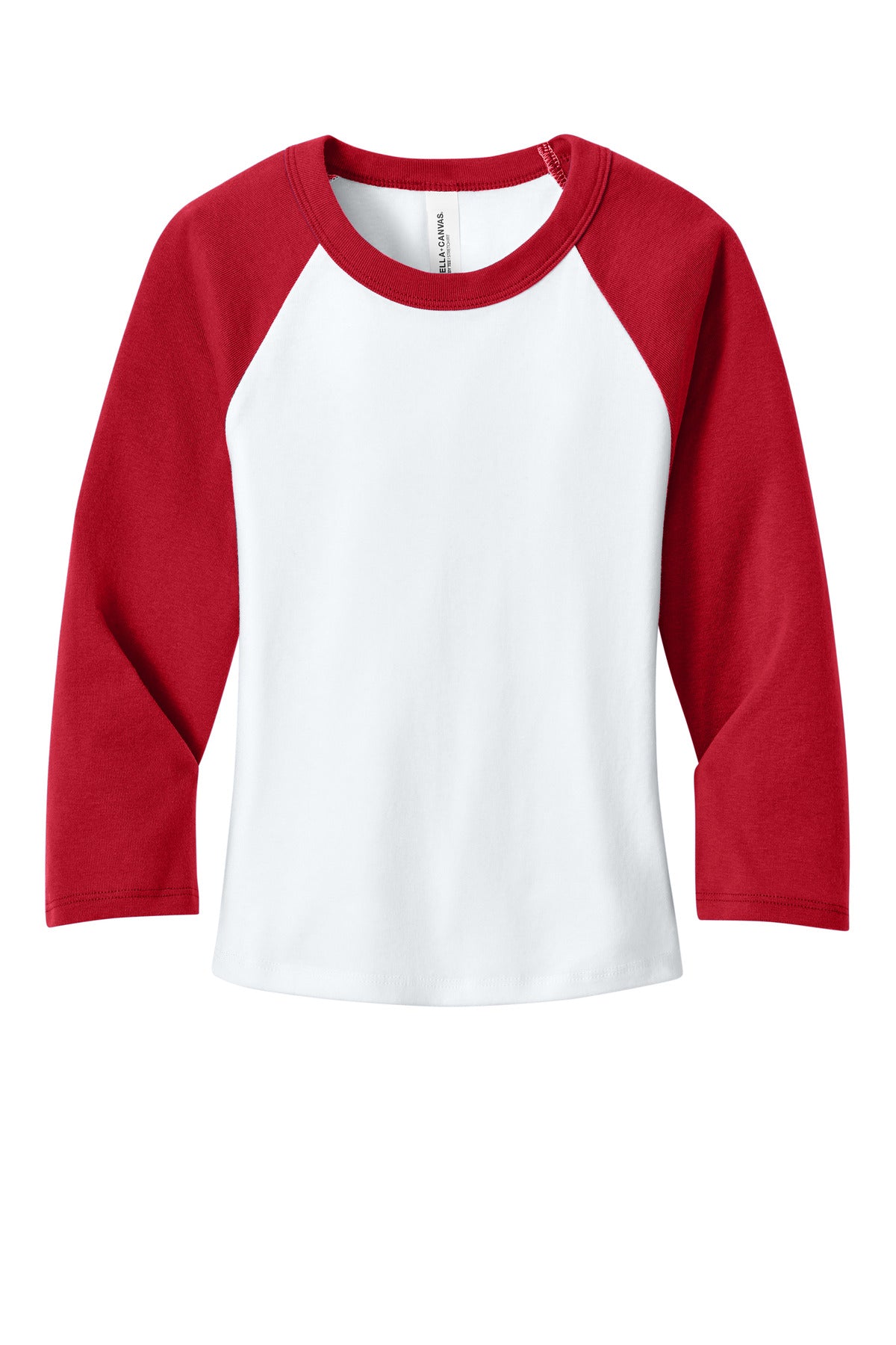 Front View of White/Red BELLA+CANVAS Women's Micro Rib 3/4 Raglan Baby Tee BC1200