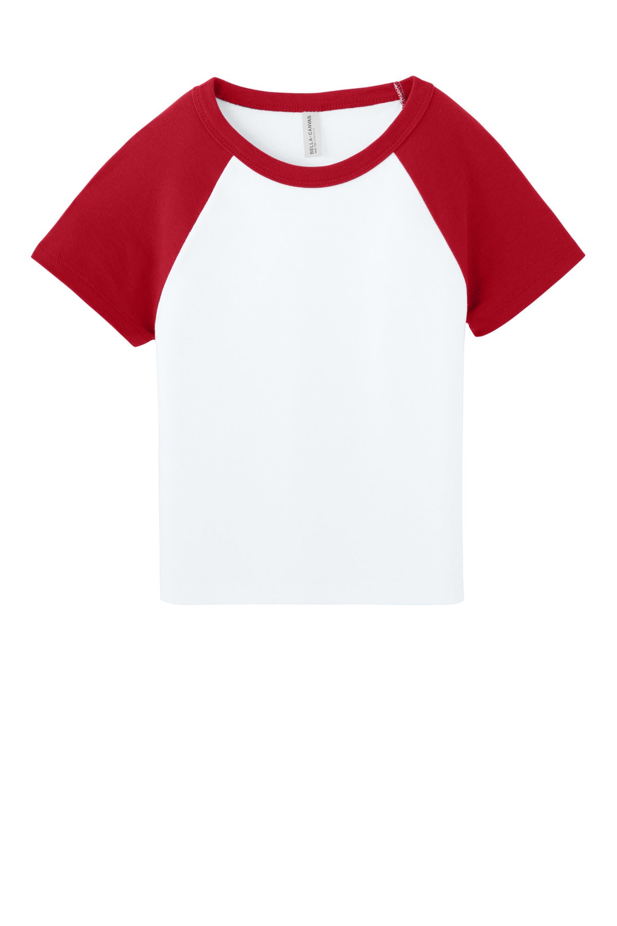 Front View of White/Red BELLA+CANVAS Women's Micro Rib Raglan Baby Tee BC1201
