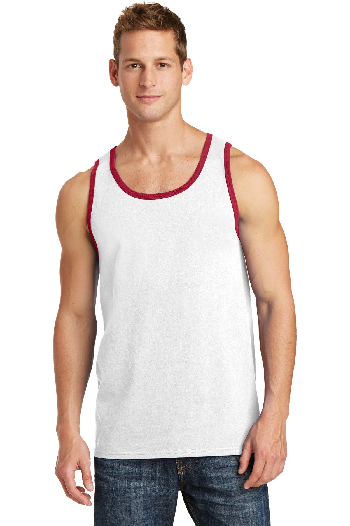 Front View of White/Red Port & Co Core Cotton Tank Top. PC54TT