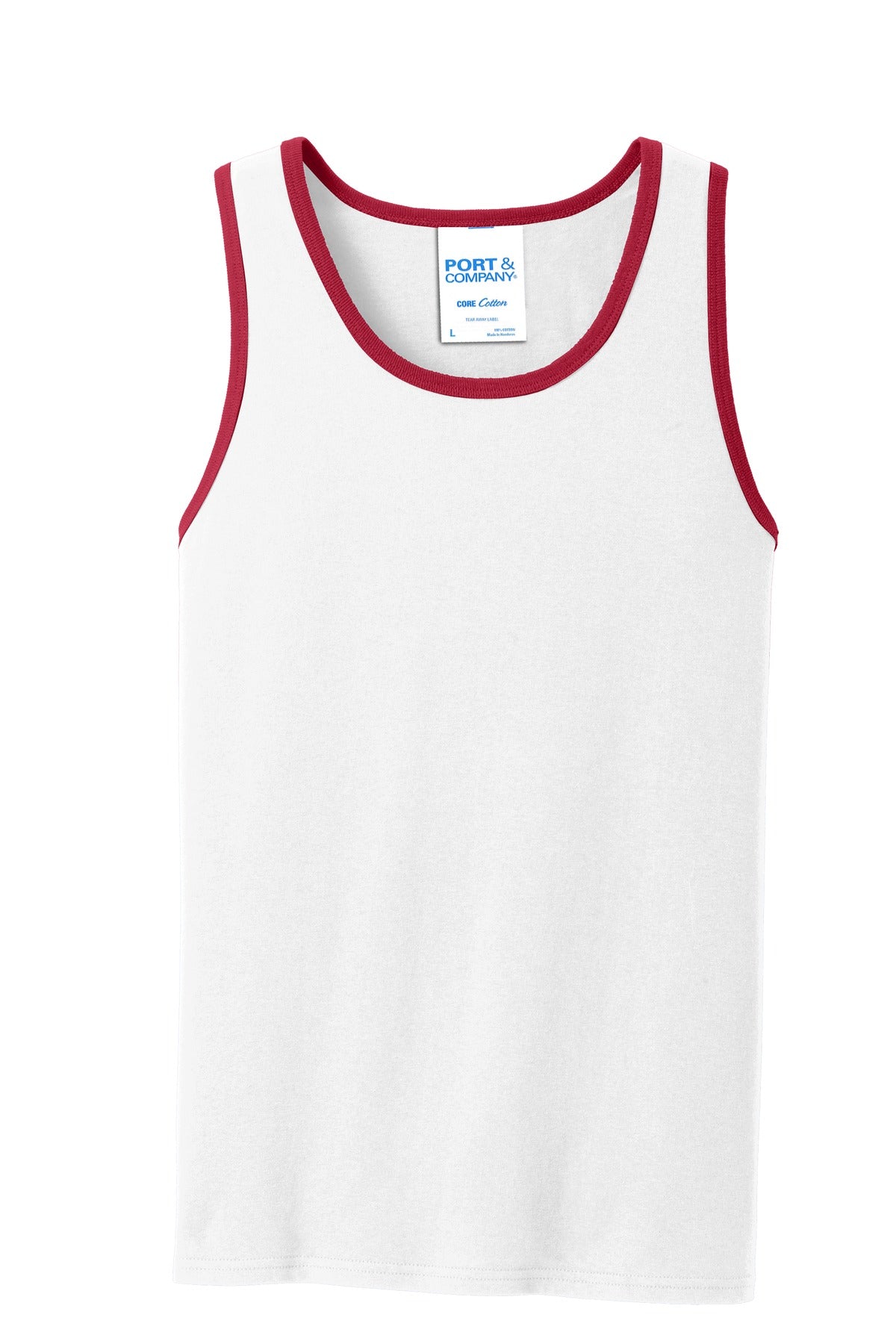 Front View of White/Red Port & Co Core Cotton Tank Top. PC54TT