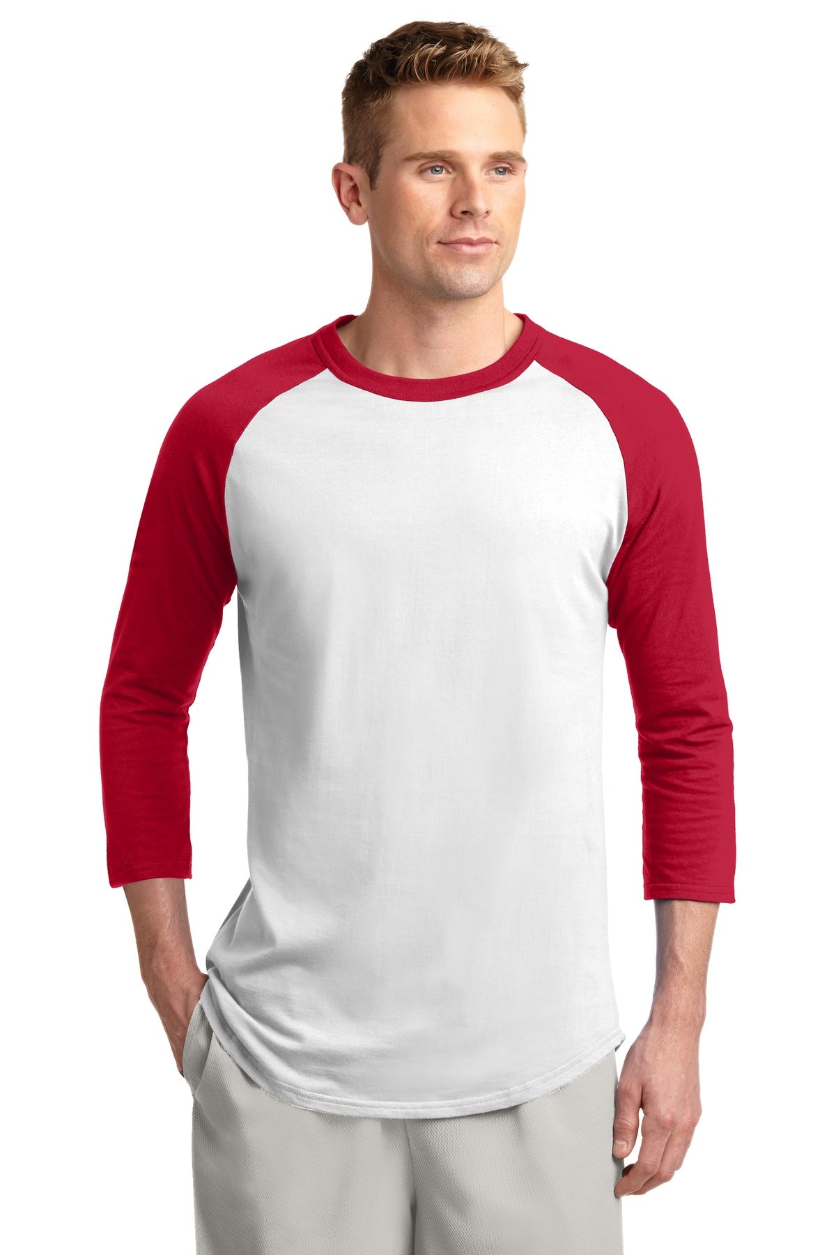Front View of White/Red Sport-Tek Colorblock Raglan Jersey. T200