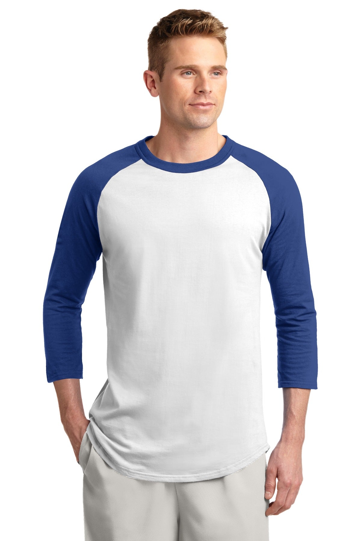 Front View of White/Royal Sport-Tek Colorblock Raglan Jersey. T200