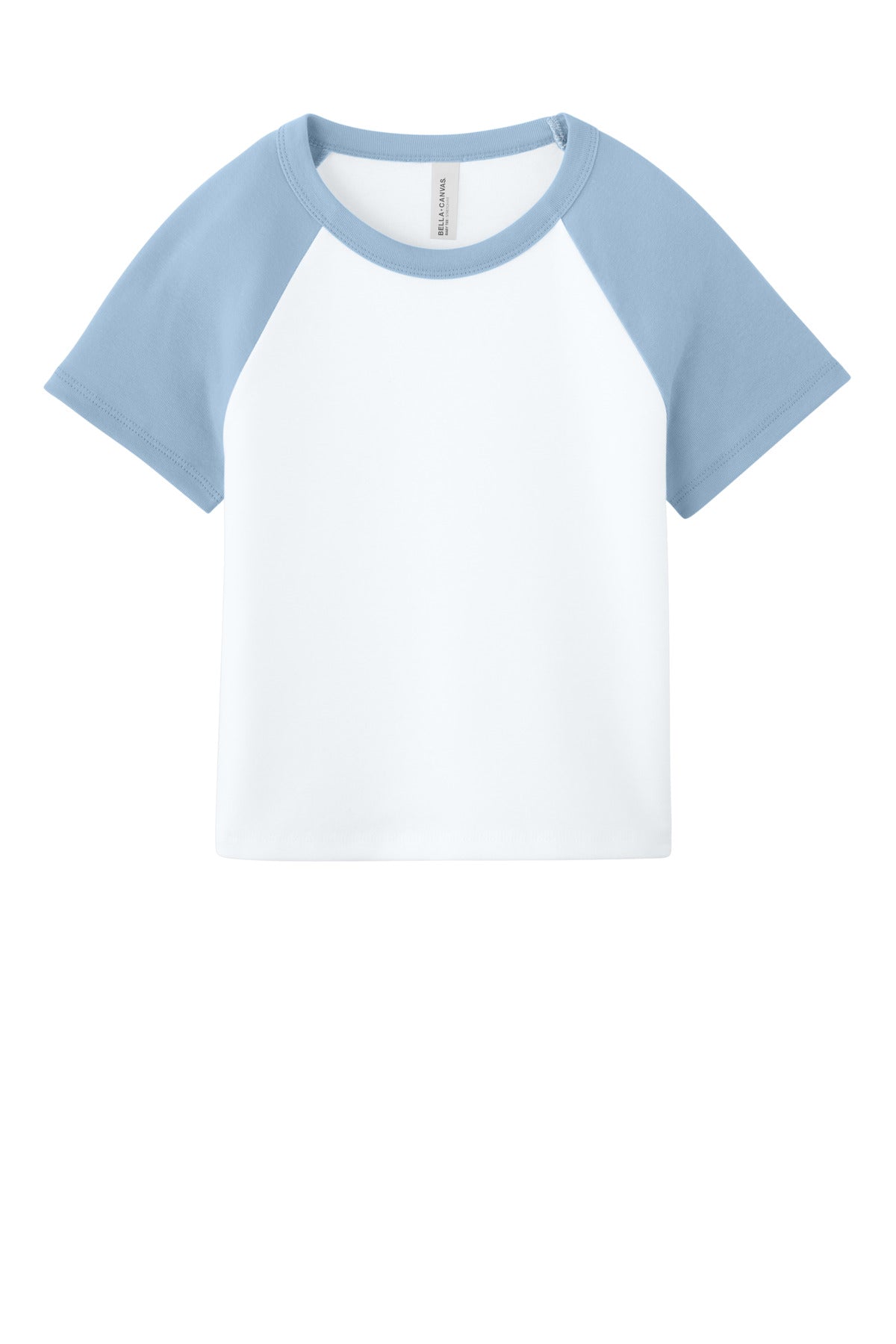 Front View of Wht/BabyBl BELLA+CANVAS Women's Micro Rib Raglan Baby Tee BC1201