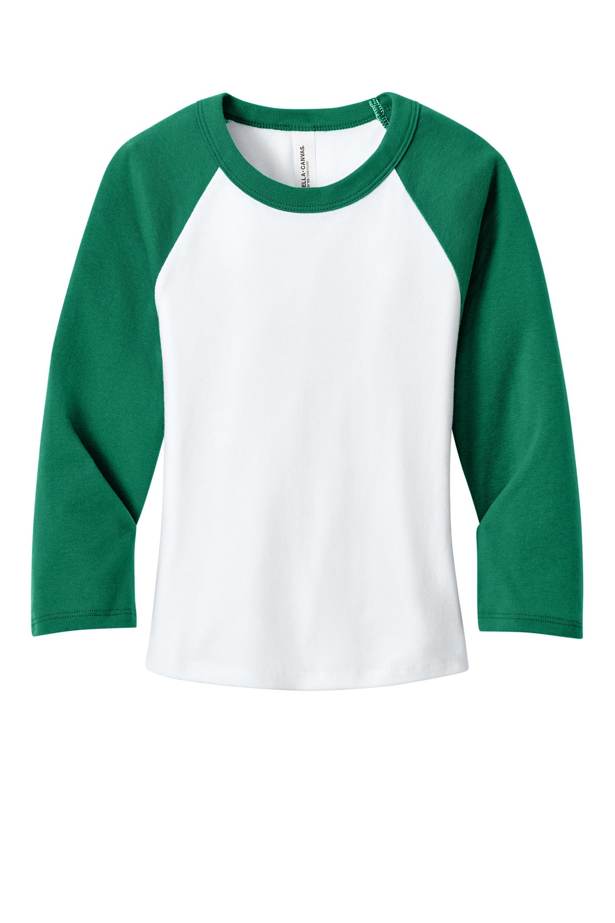 Front View of Wht/Kelly BELLA+CANVAS Women's Micro Rib 3/4 Raglan Baby Tee BC1200