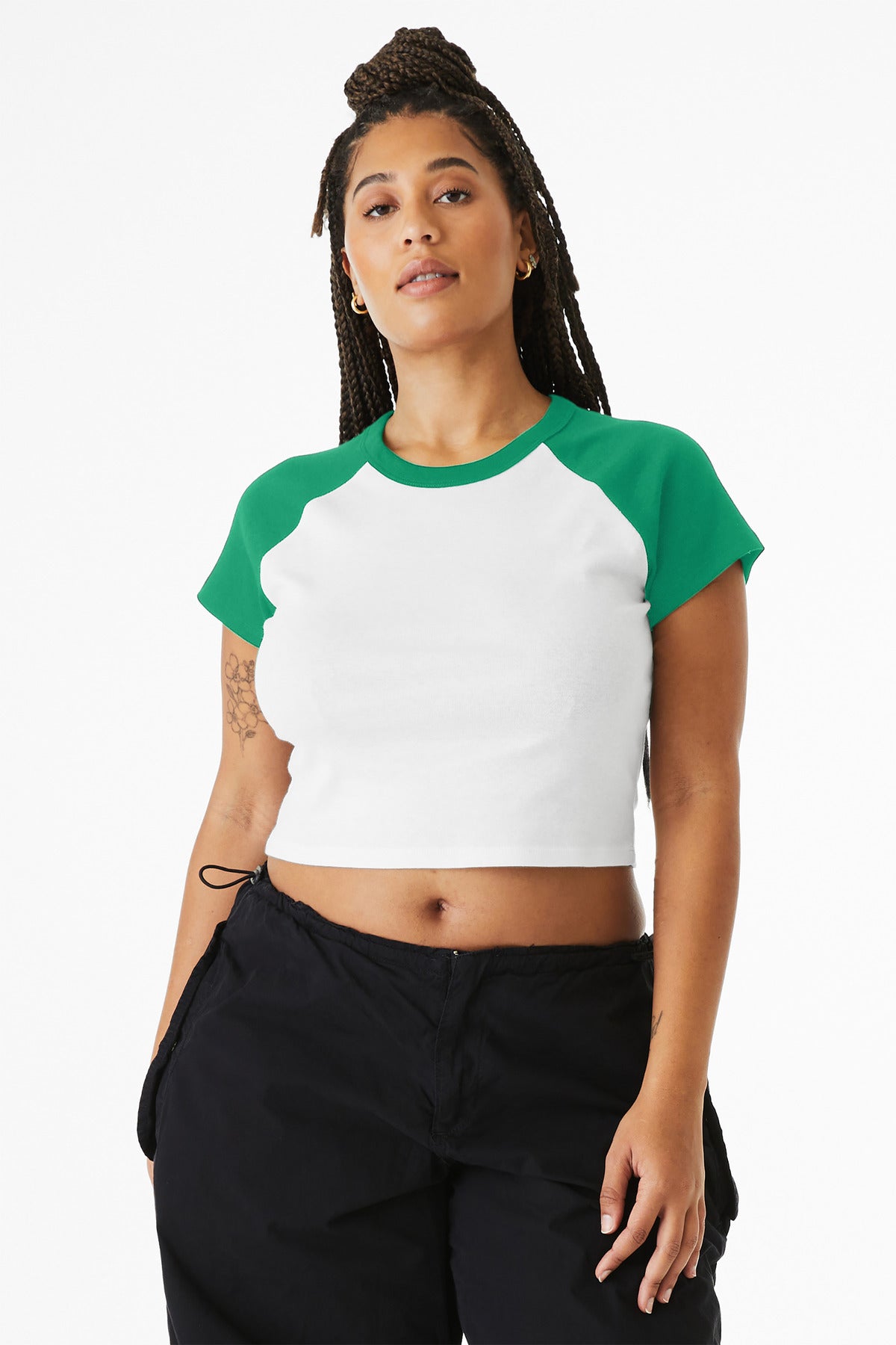 Front View of Wht/Kelly BELLA+CANVAS Women's Micro Rib Raglan Baby Tee BC1201
