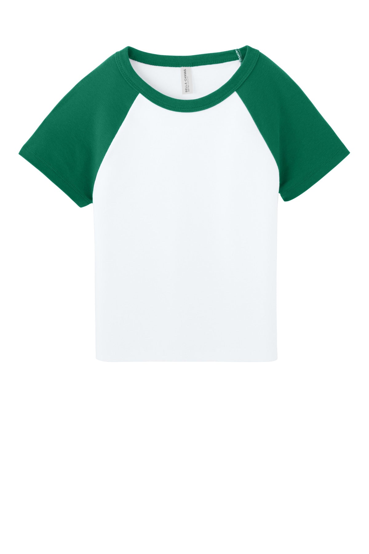 Front View of Wht/Kelly BELLA+CANVAS Women's Micro Rib Raglan Baby Tee BC1201