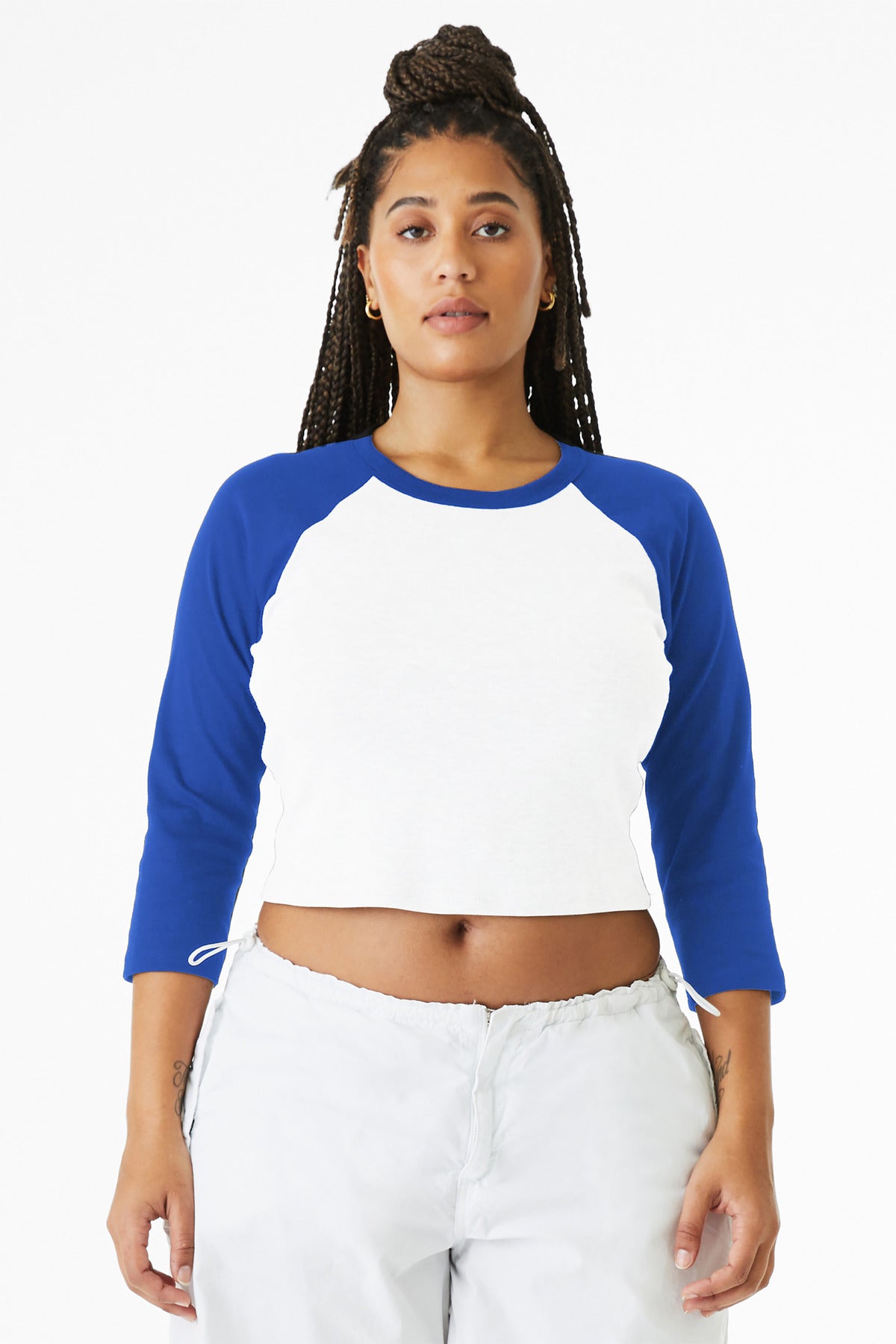 Front View of Wht/TrRy BELLA+CANVAS Women's Micro Rib 3/4 Raglan Baby Tee BC1200