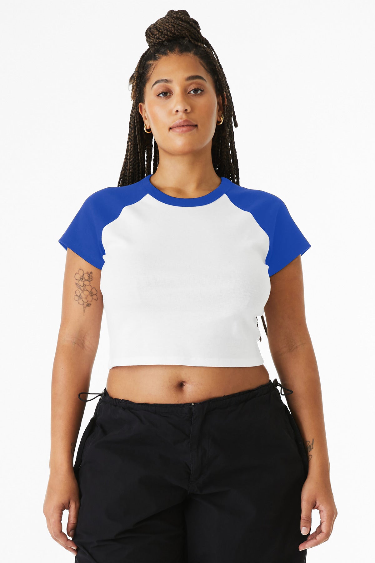 Front View of Wht/TrRy BELLA+CANVAS Women's Micro Rib Raglan Baby Tee BC1201