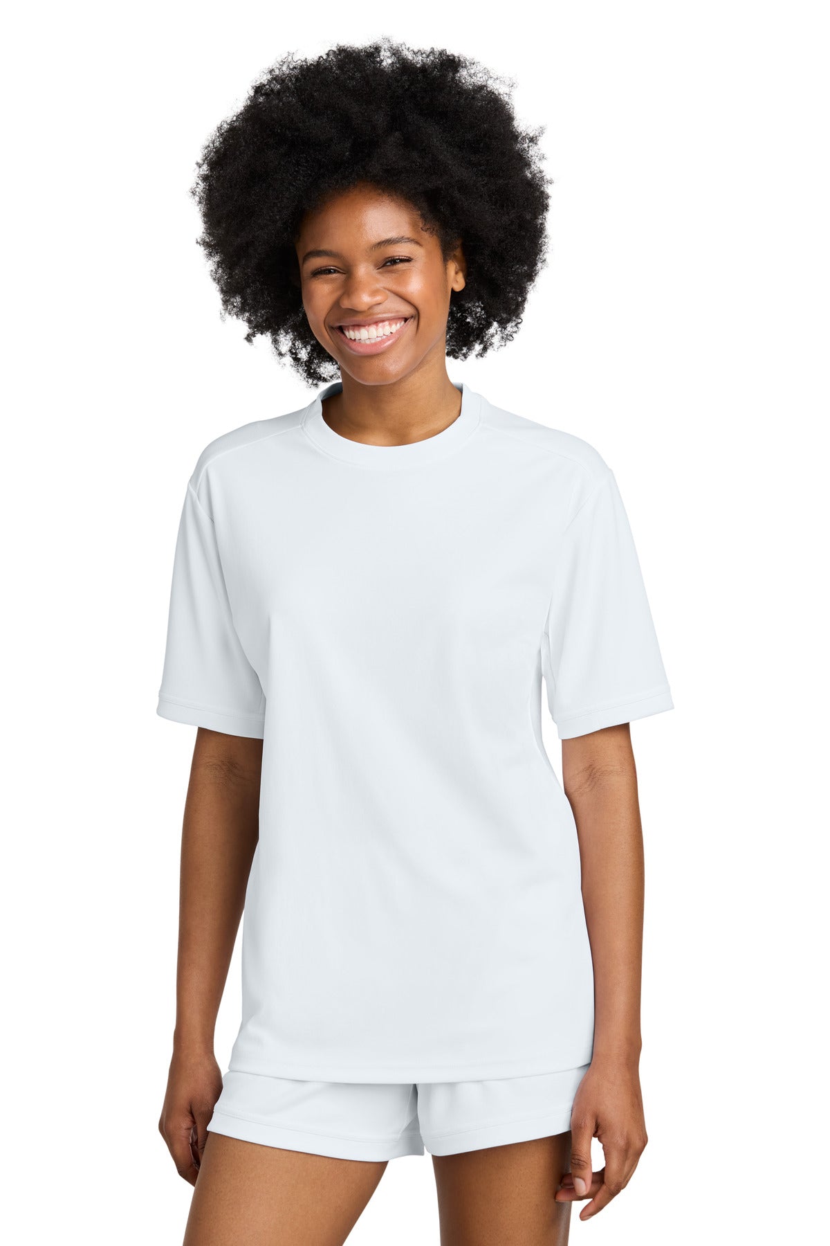 Front View of Wht/Wht Sport-Tek Club Short Sleeve Crew ST440