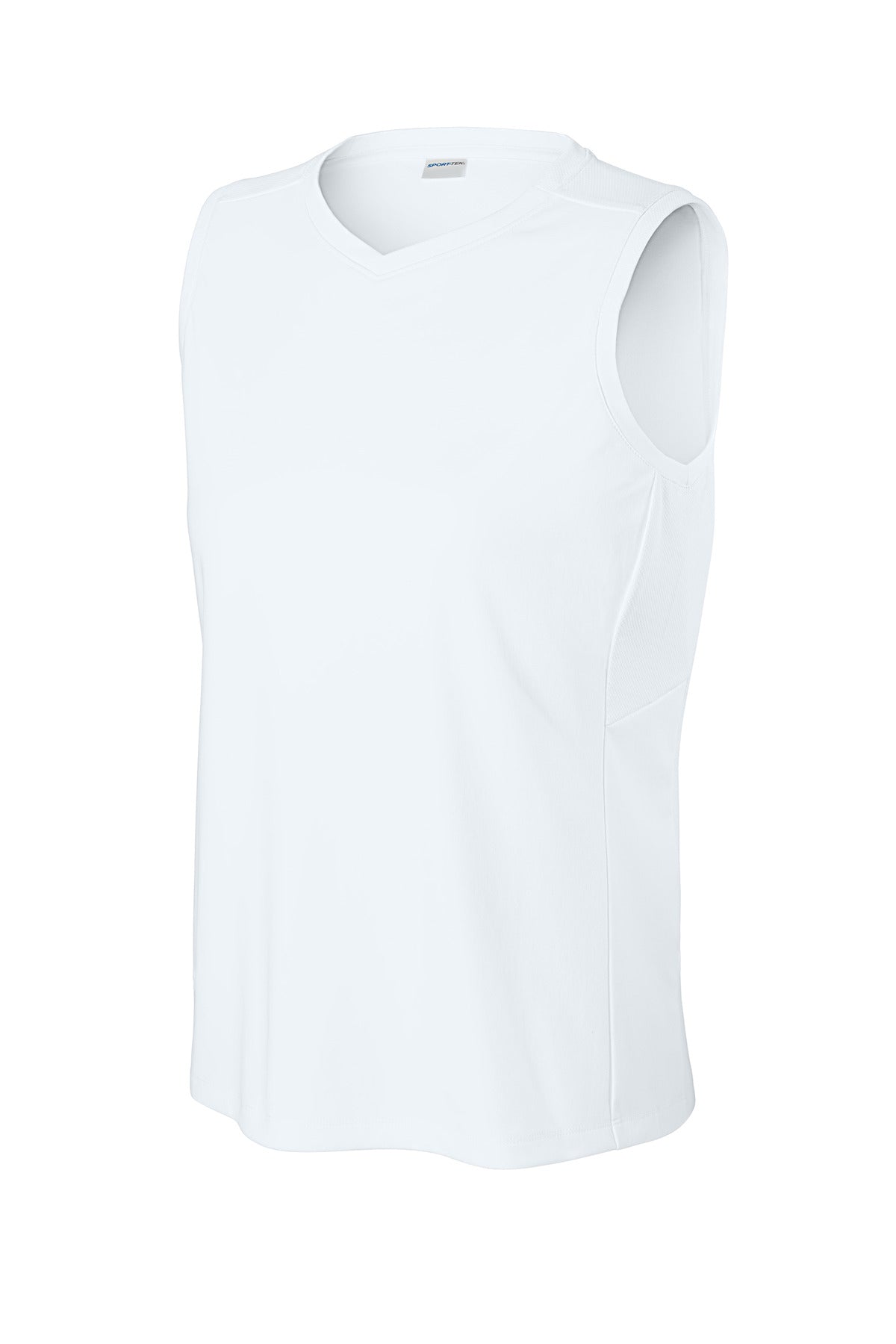 Front View of Wht/Wht Sport-Tek Women's Club Sleeveless V-Neck LST441