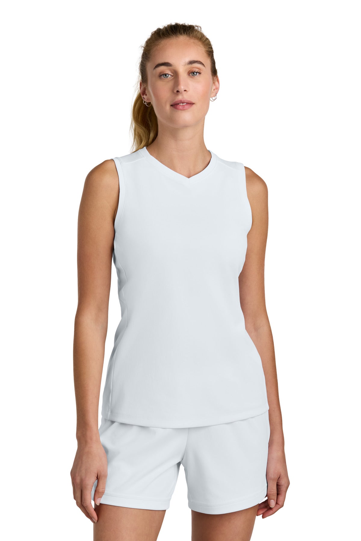 Front View of Wht/Wht Sport-Tek Women's Club Sleeveless V-Neck LST441