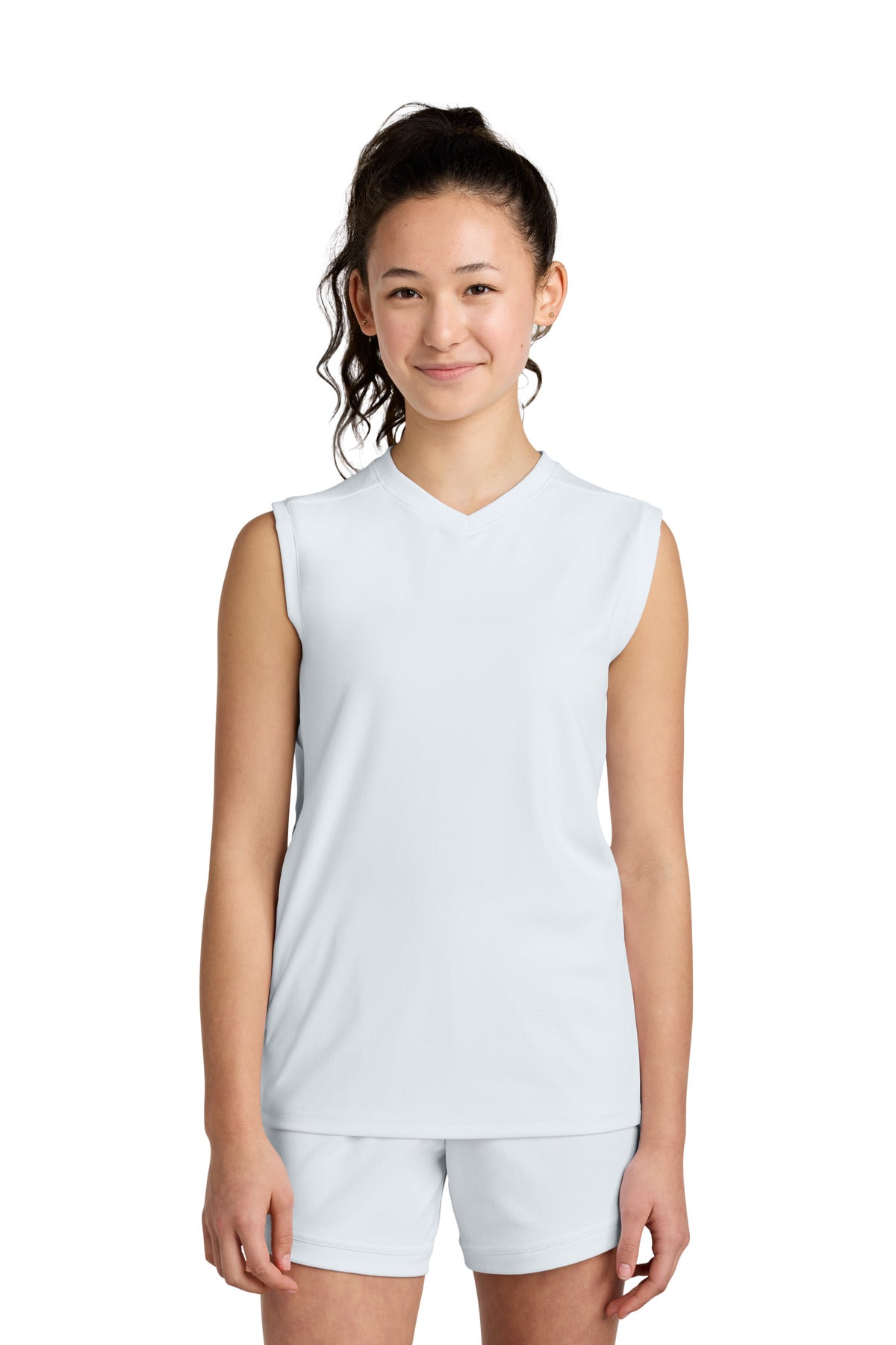 Front View of Wht/Wht Sport-Tek Youth Club Sleeveless V-Neck YST441