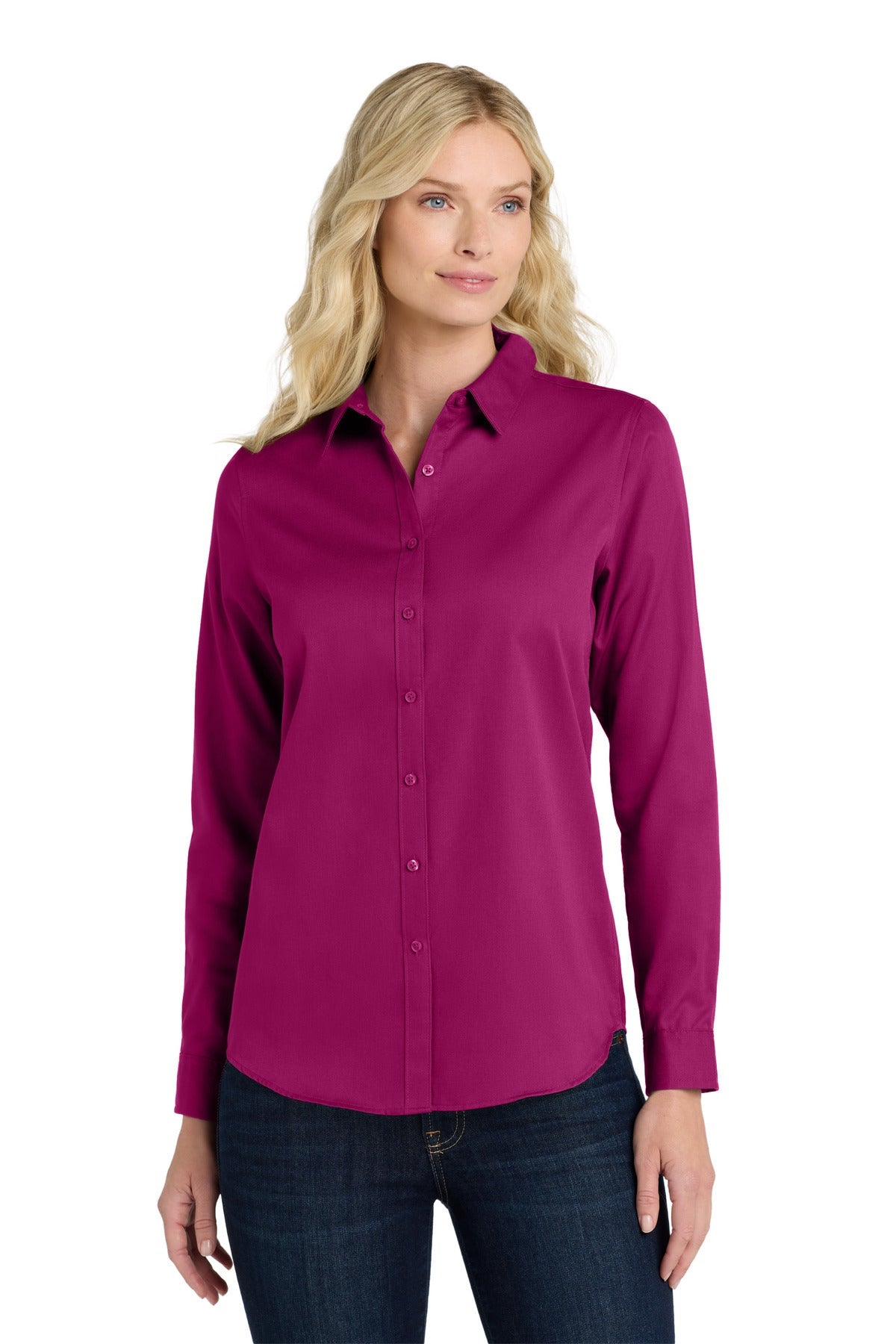 Front View of WildBerry Port Authority Women's Long Sleeve SuperPro React Twill Shirt. LW808
