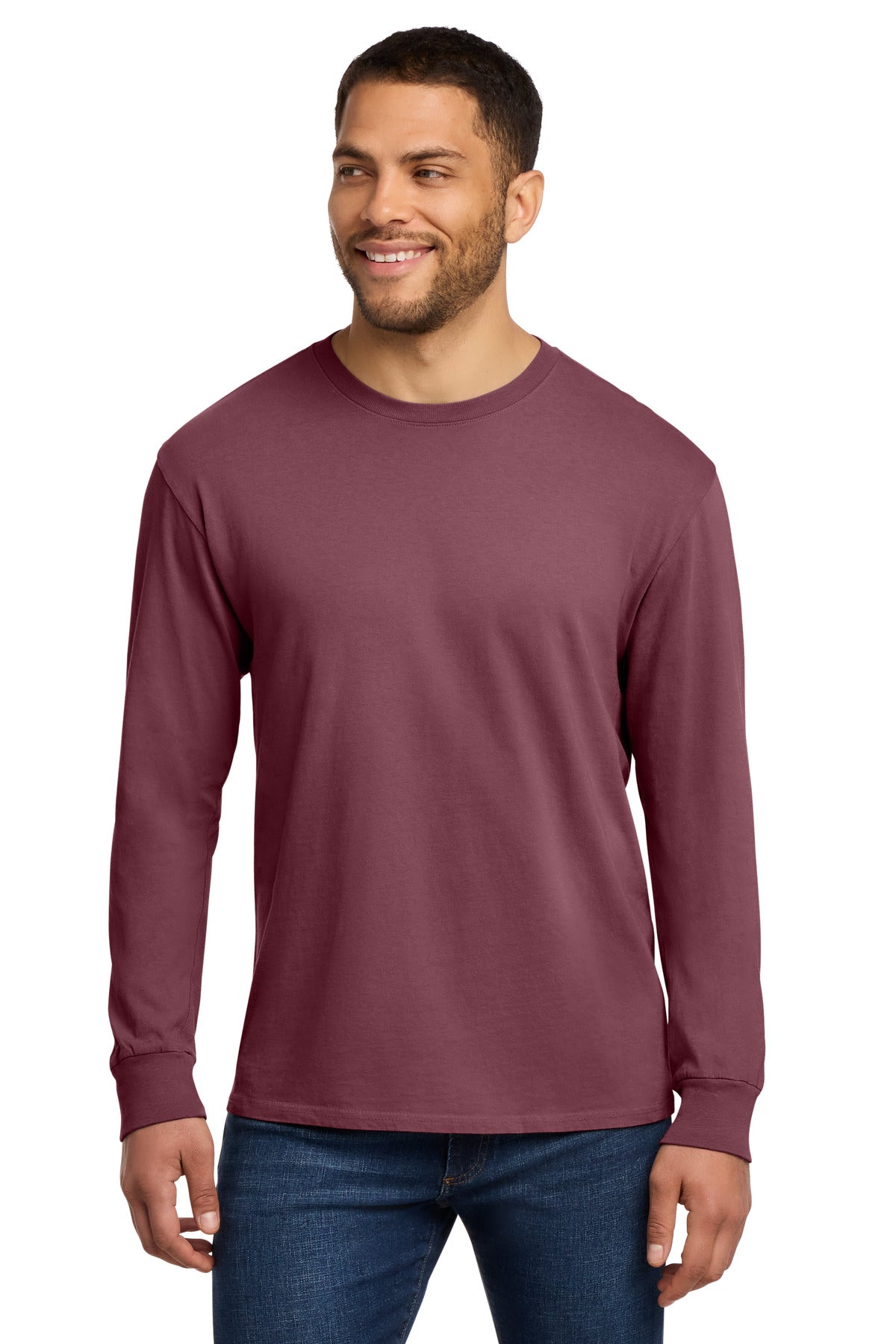 Front View of Wineberry Port & Co Beach Wash Garment-Dyed Long Sleeve Tee PC099LS