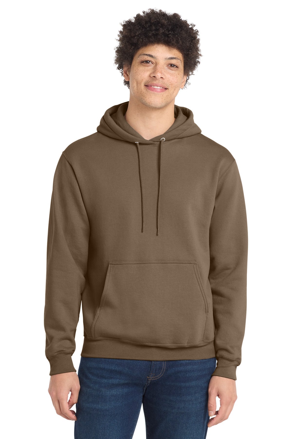 Front View of Woodland Brown Port & Co Core Fleece Pullover Hooded Sweatshirt. PC78H