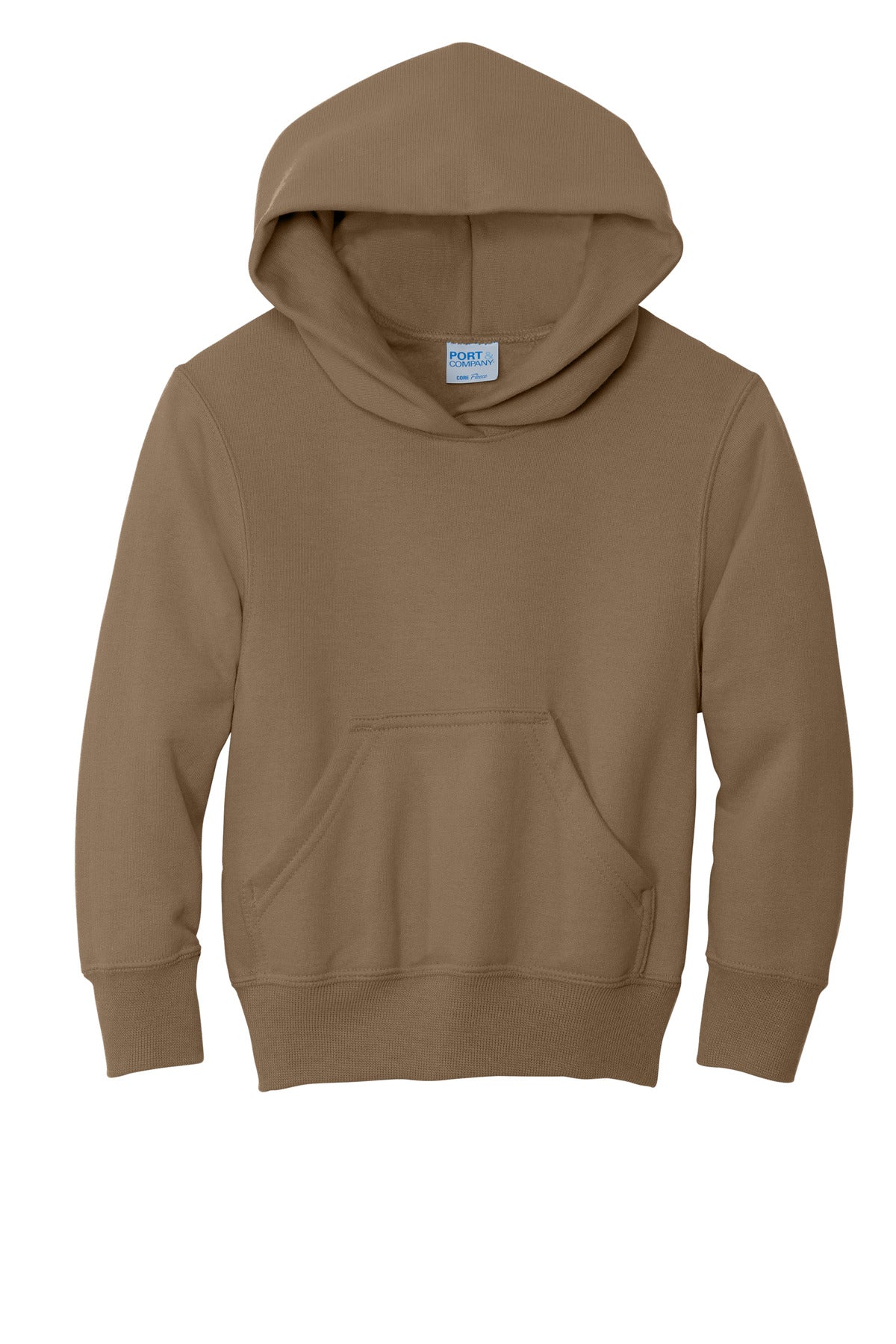 Front View of Woodland Brown Port & Co Youth Core Fleece Pullover Hooded Sweatshirt. PC90YH
