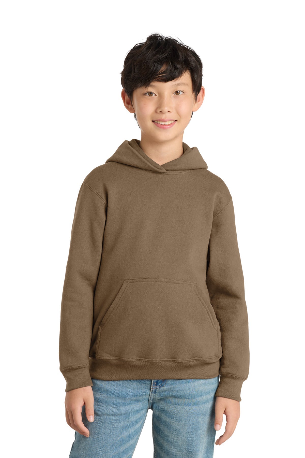 Front View of Woodland Brown Port & Co Youth Core Fleece Pullover Hooded Sweatshirt. PC90YH