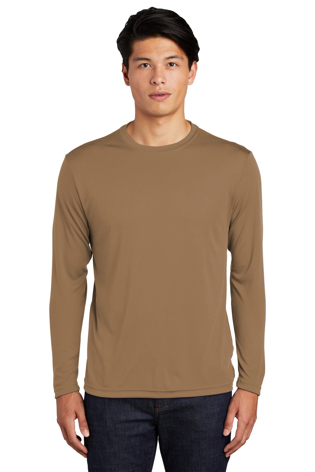 Front View of Woodland Brown Sport-Tek Long Sleeve PosiCharge Competitor Tee. ST350LS
