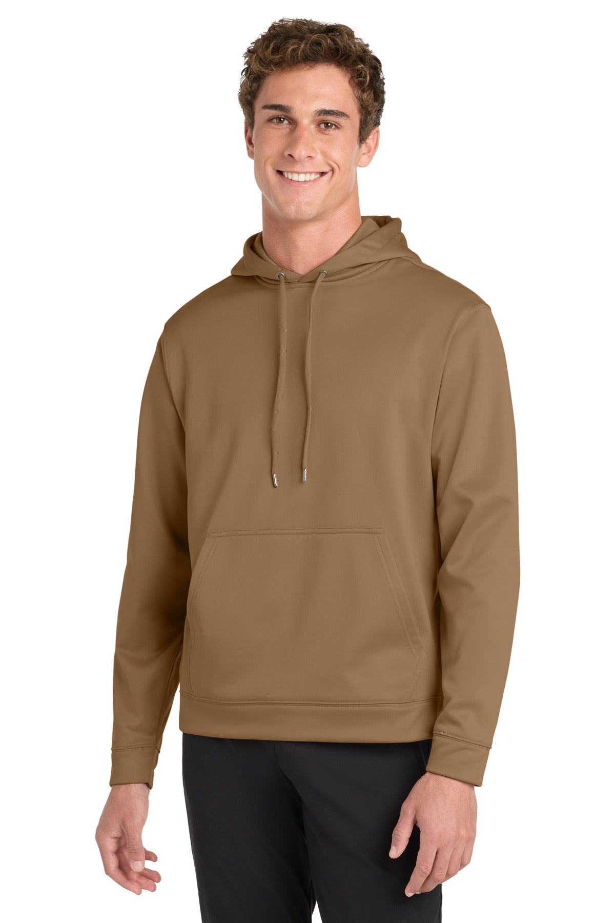 Front View of Woodland Brown Sport-Tek Sport-Wick Fleece Hooded Pullover. F244