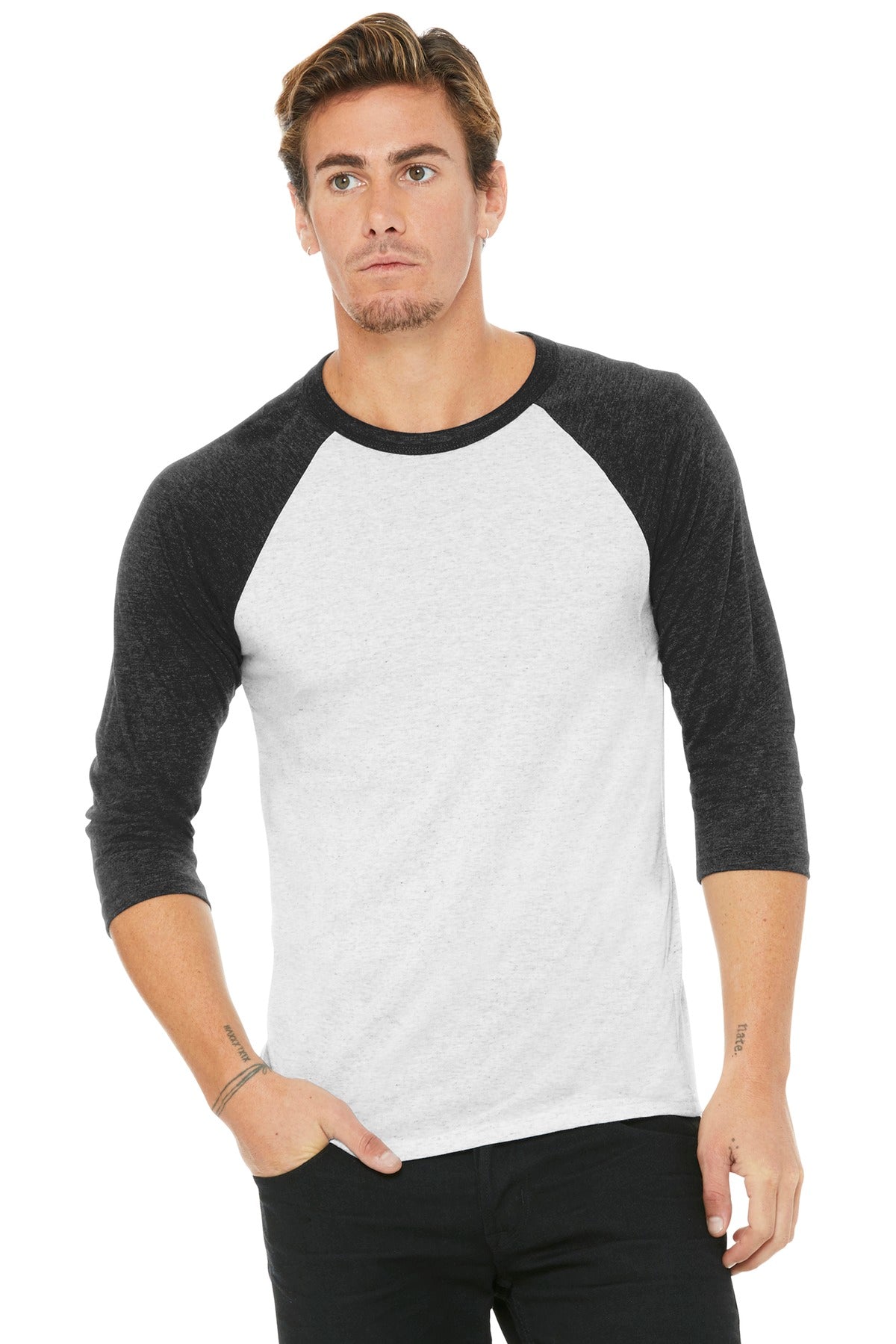 Front View of Wt Fk/Ch-Bl TB BELLA+CANVAS Unisex 3/4-Sleeve Baseball Tee. BC3200
