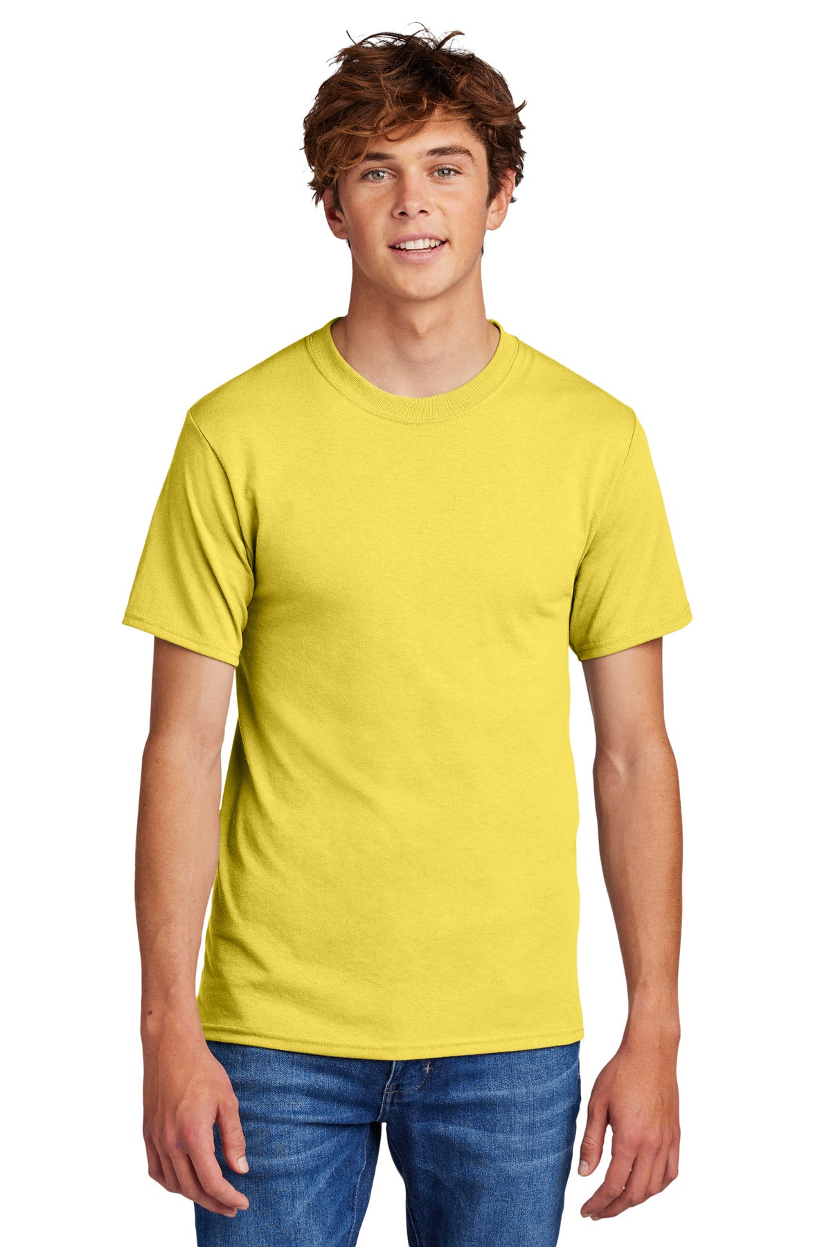 Front View of Yellow Port & Co Core Blend Tee. PC55