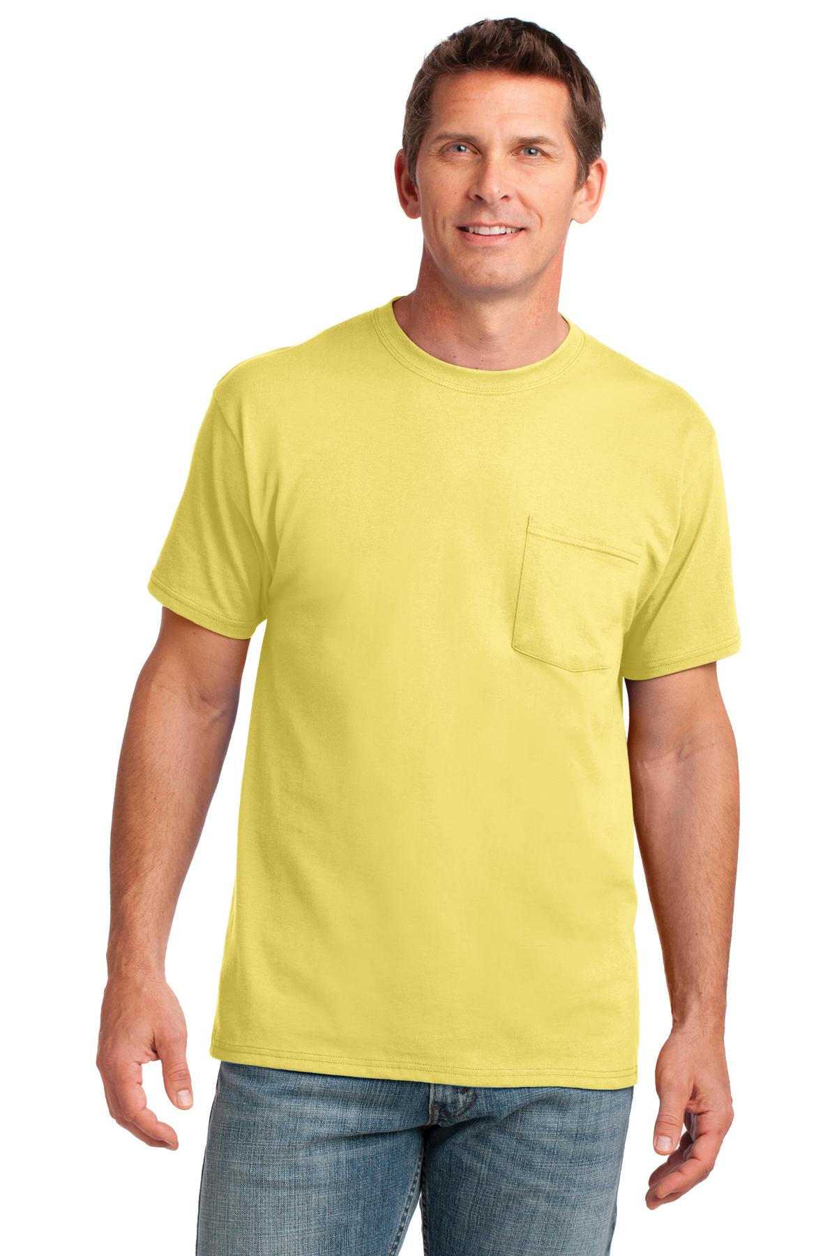 Front View of Yellow Port & Co Core Cotton Pocket Tee. PC54P