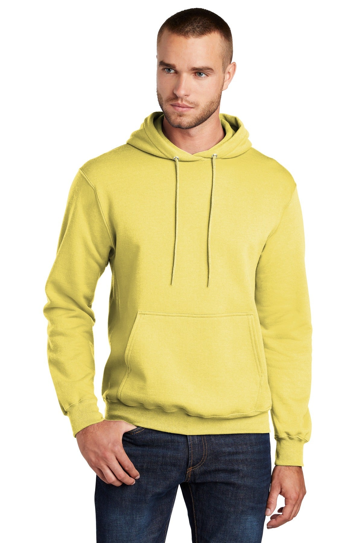 Front View of Yellow Port & Co Core Fleece Pullover Hooded Sweatshirt. PC78H