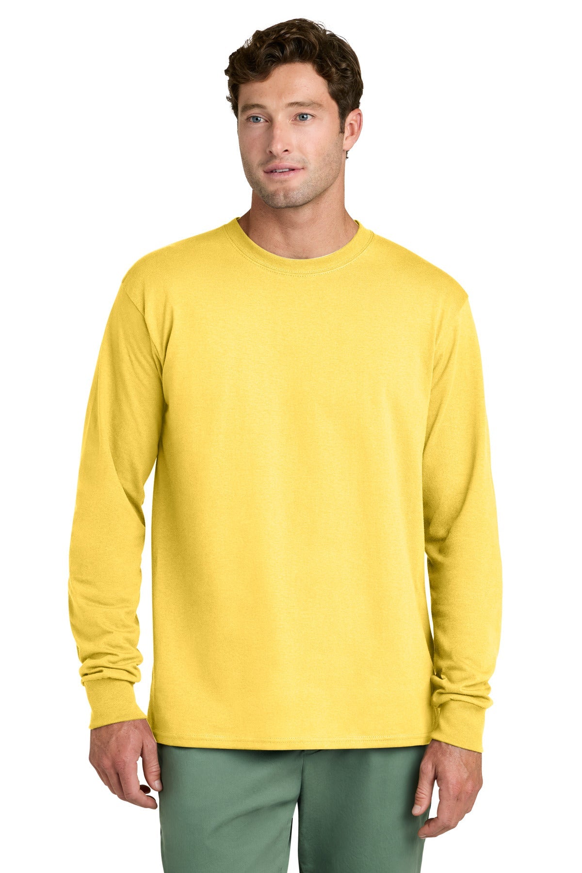 Front View of Yellow Port & Co Long Sleeve Core Cotton Tee. PC54LS