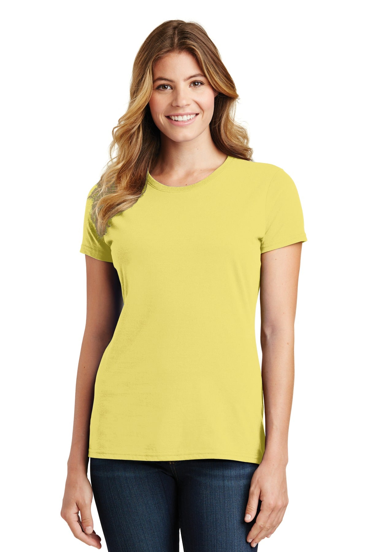 Front View of Yellow Port & Co Women's Fan Favorite Tee. LPC450