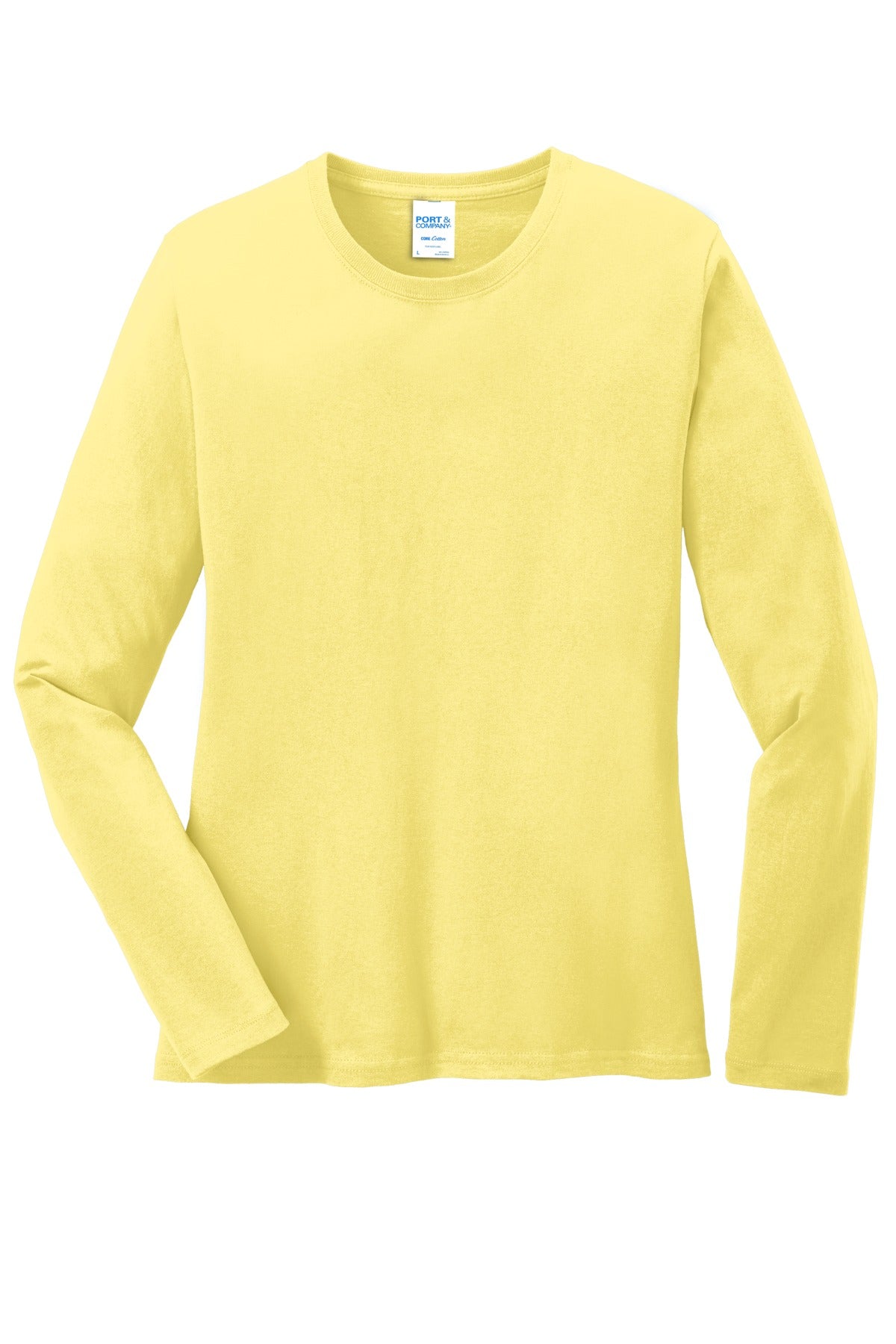 Front View of Yellow Port & Co Women's Long Sleeve Core Cotton Tee. LPC54LS