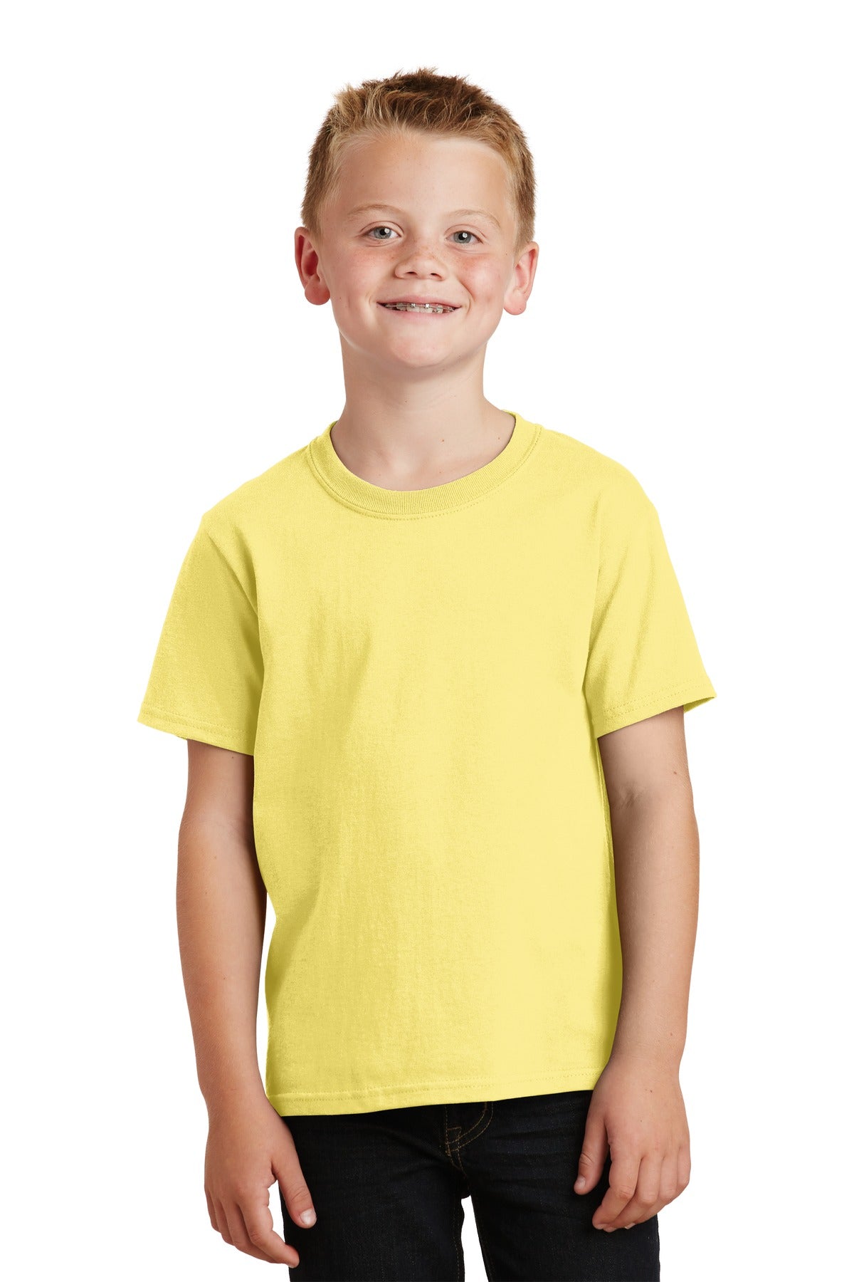 Front View of Yellow Port & Co Youth Core Cotton Tee. PC54Y