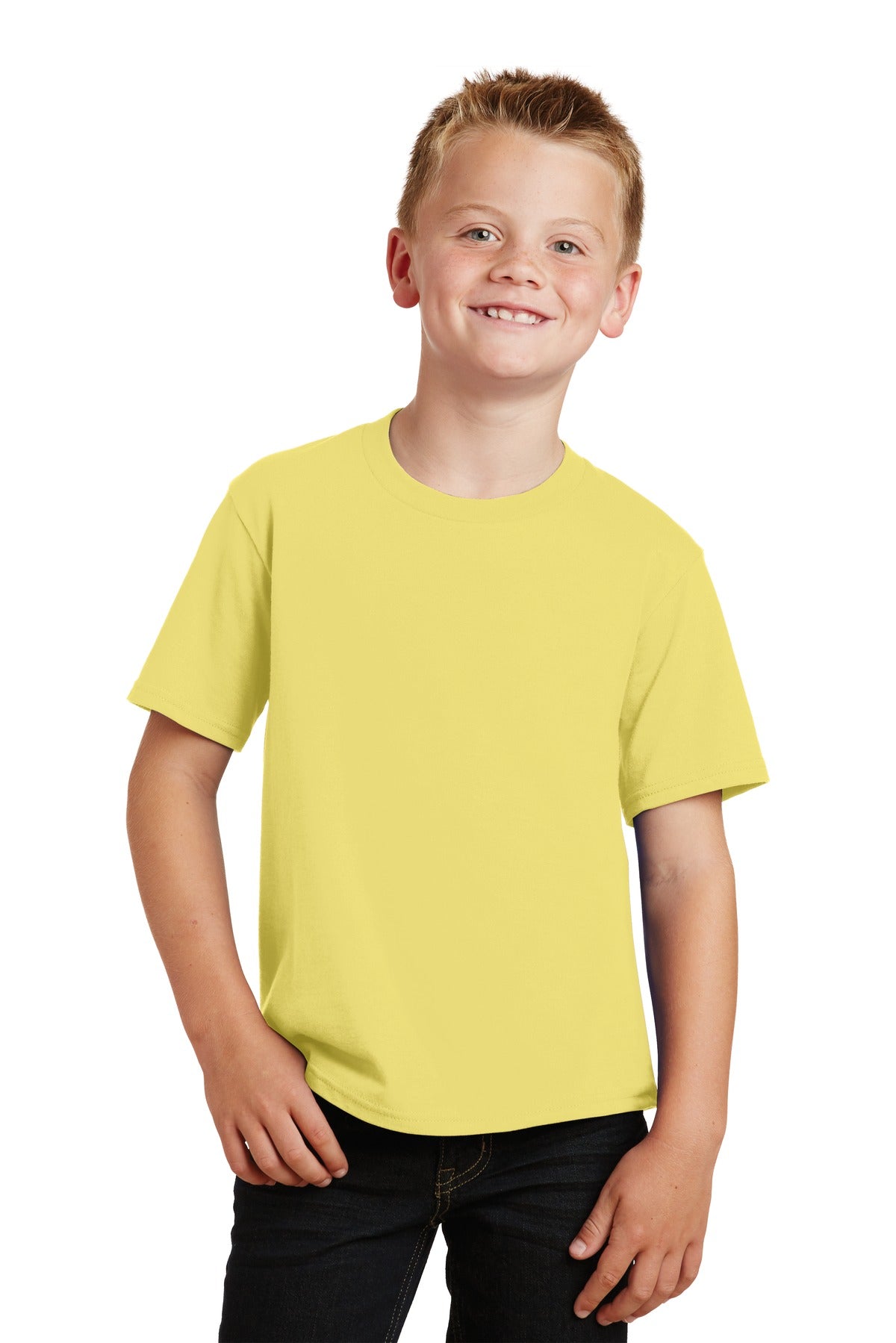 Front View of Yellow Port & Co Youth Fan Favorite Tee. PC450Y