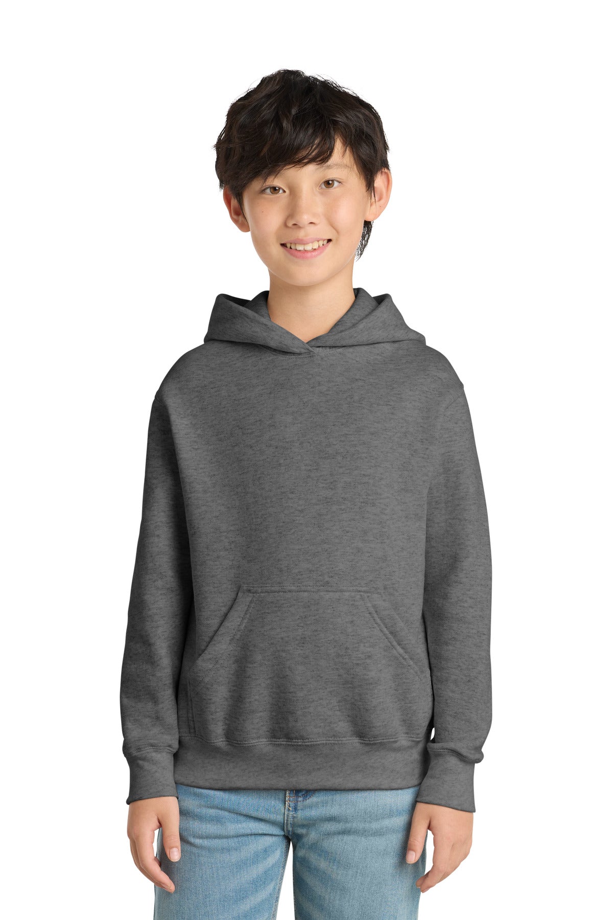 Graphite Hthr Port & Co Youth Core Fleece Pullover Hooded Sweatshirt. PC90YH